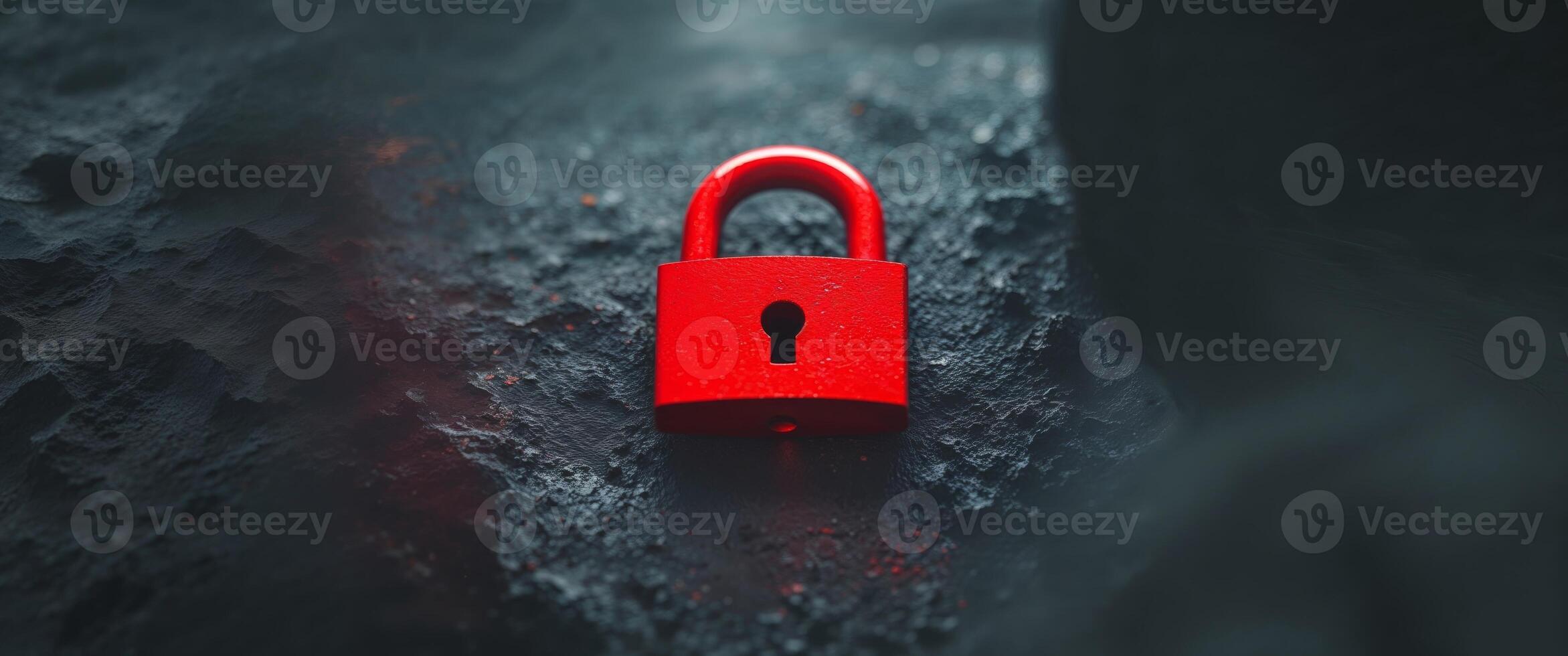 Glowing Red Padlock Security Symbol on Dark Textured Background. photo