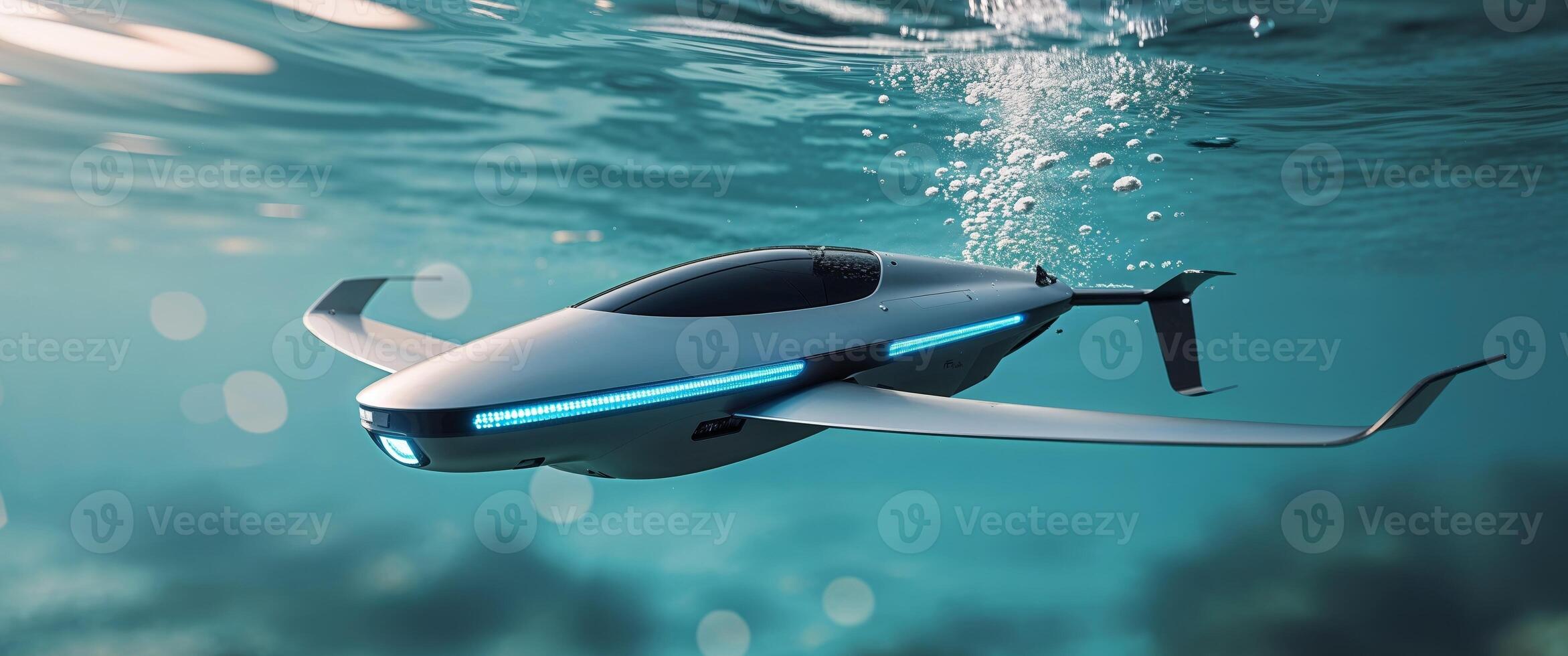 A sleek underwater drone gliding through clear blue ocean waters. photo
