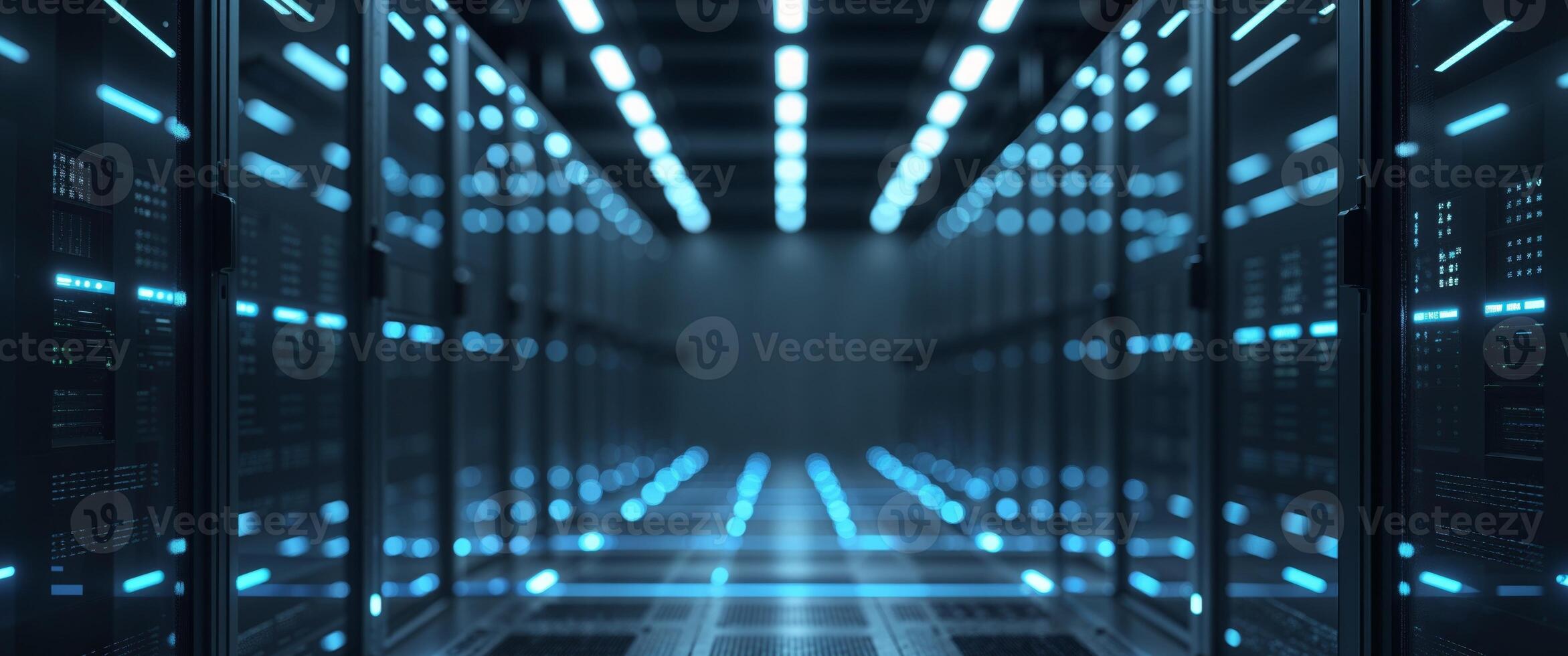 Rows Of Servers In Modern Data Center With Blue Lights. photo