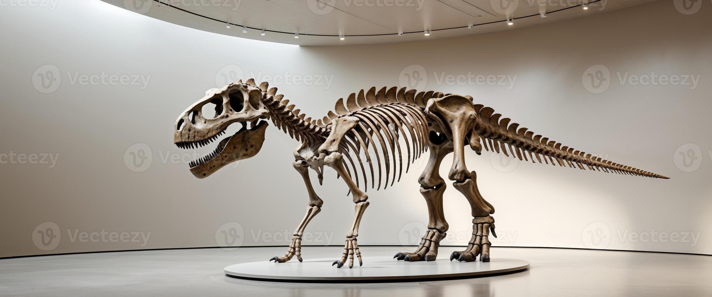 prehistoric concept banner with copy space featuring a dinosaur skeleton displayed in a museum exhibit photo