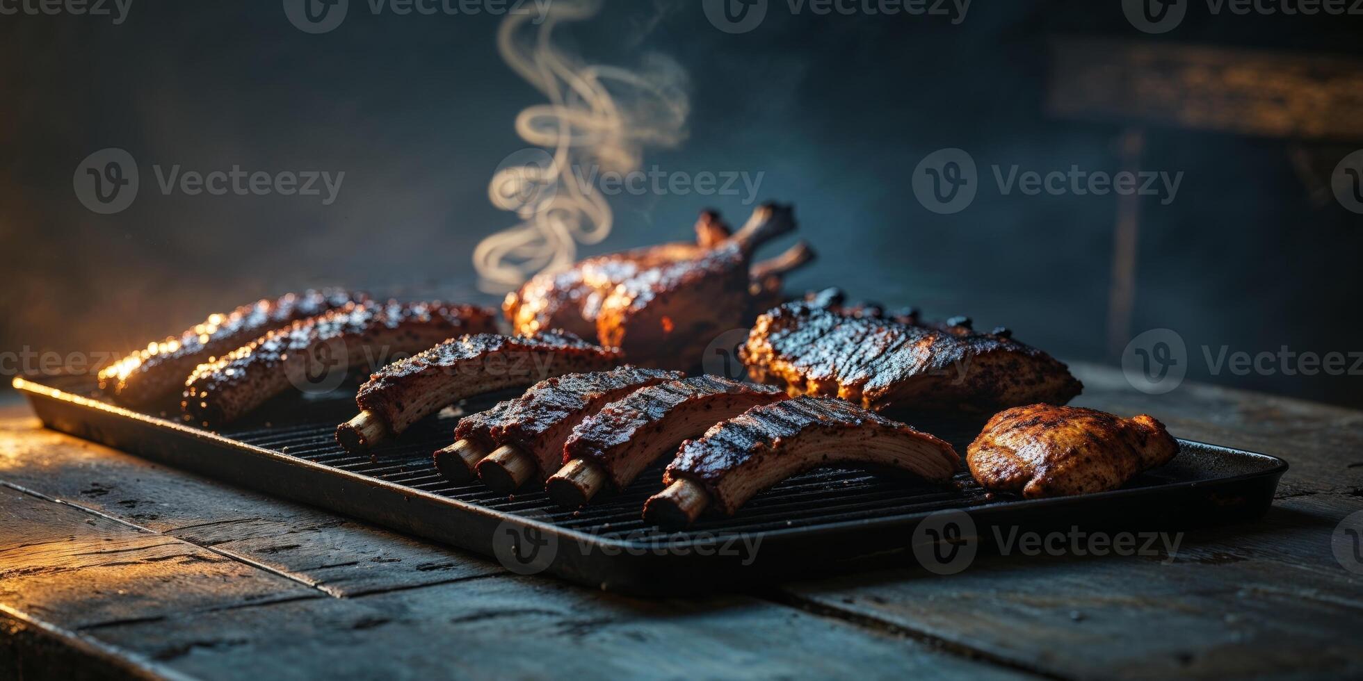 Dark Moody Barbecue Feast Grilled Ribs and Chicken on Rustic Table photo