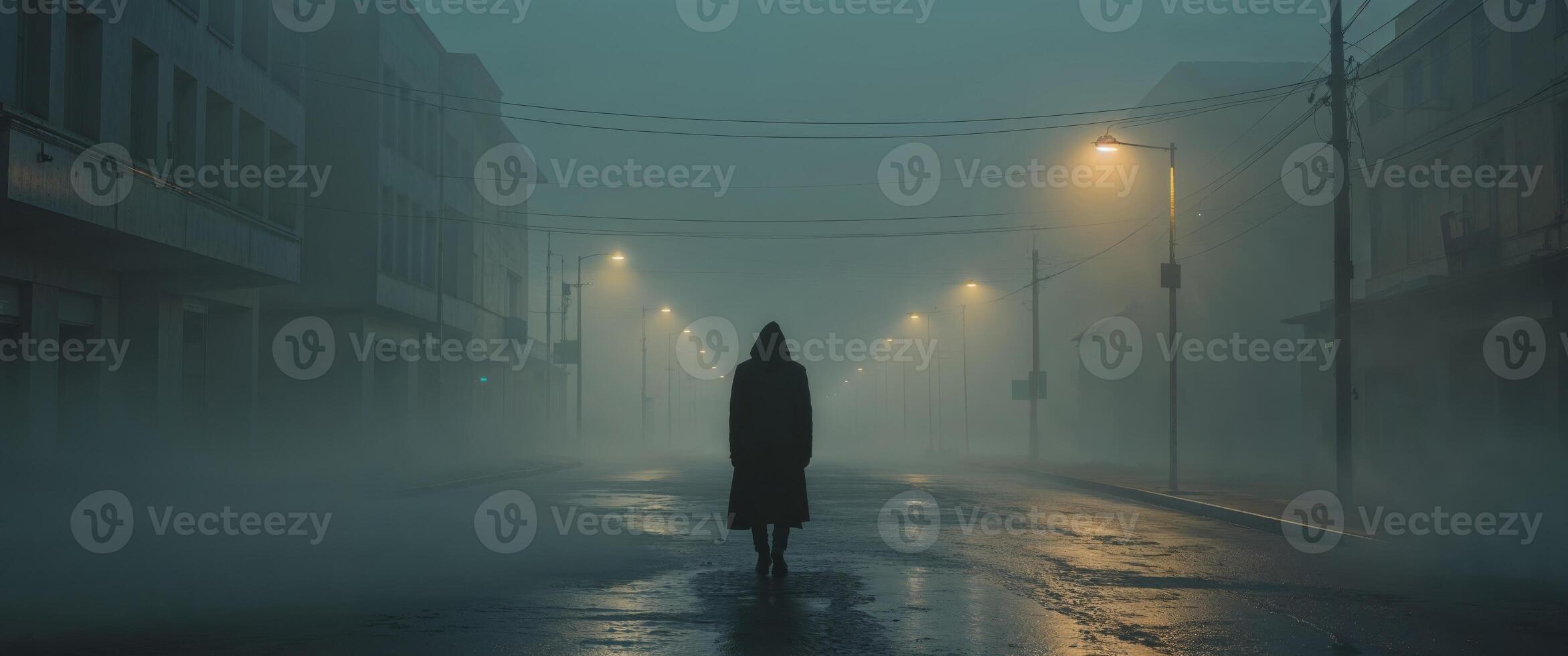 Solitary Figure Walking Down Empty Street in Mysterious Foggy Atmosphere at Dusk. photo