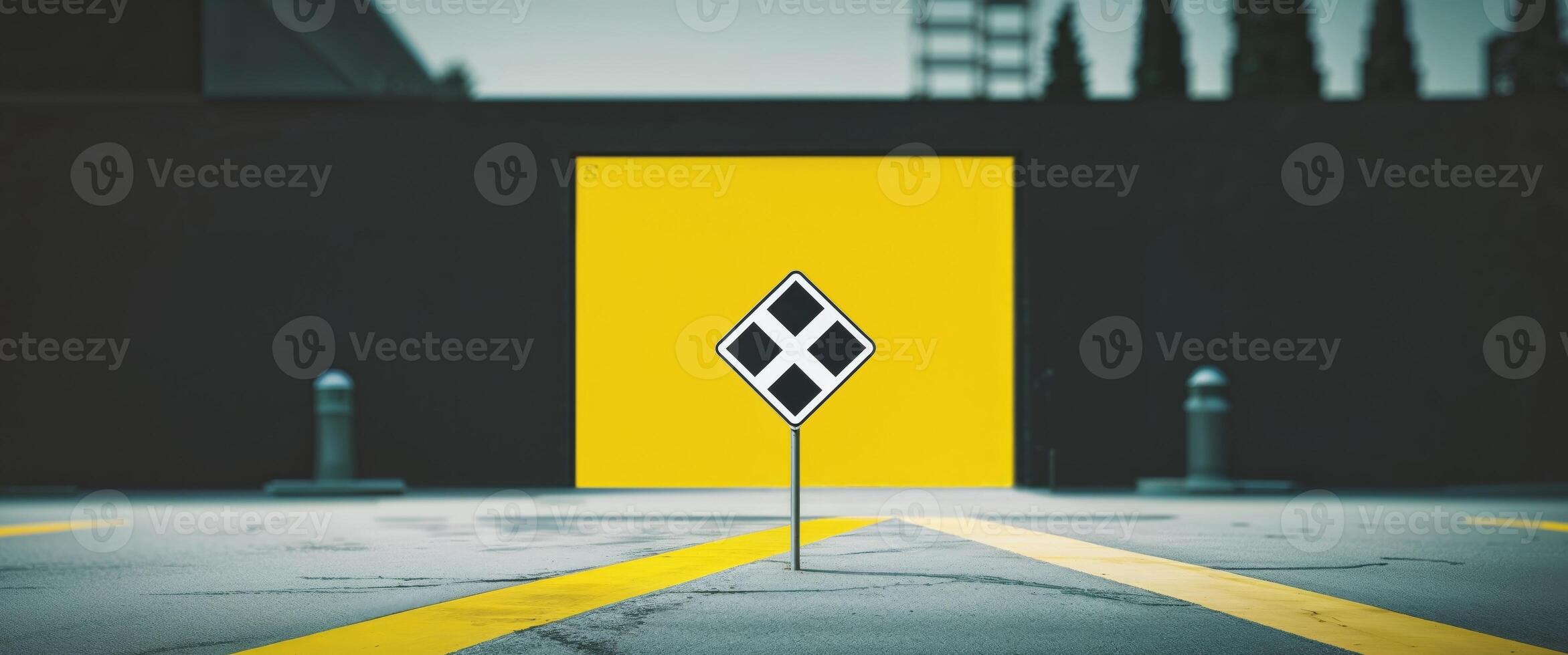 A yellow sign with a black and white diamond on it photo
