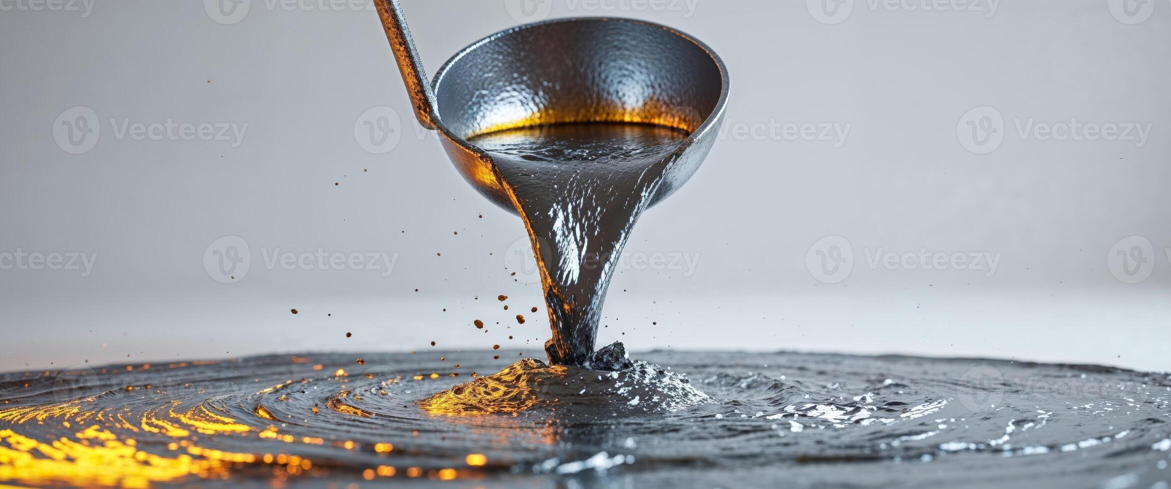 A spoon is pouring liquid into a metal container photo