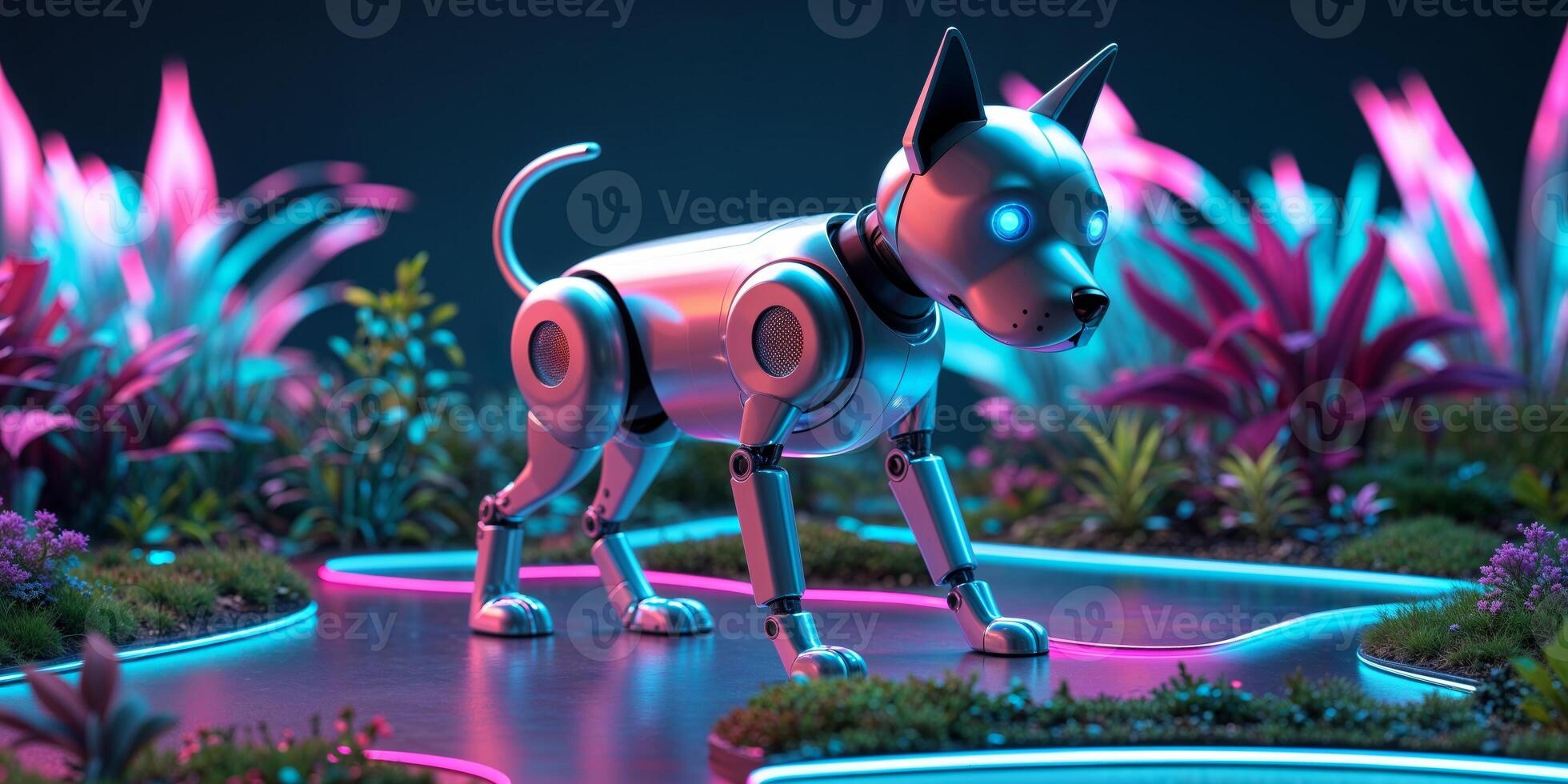 A robot dog in a garden with neon lights photo