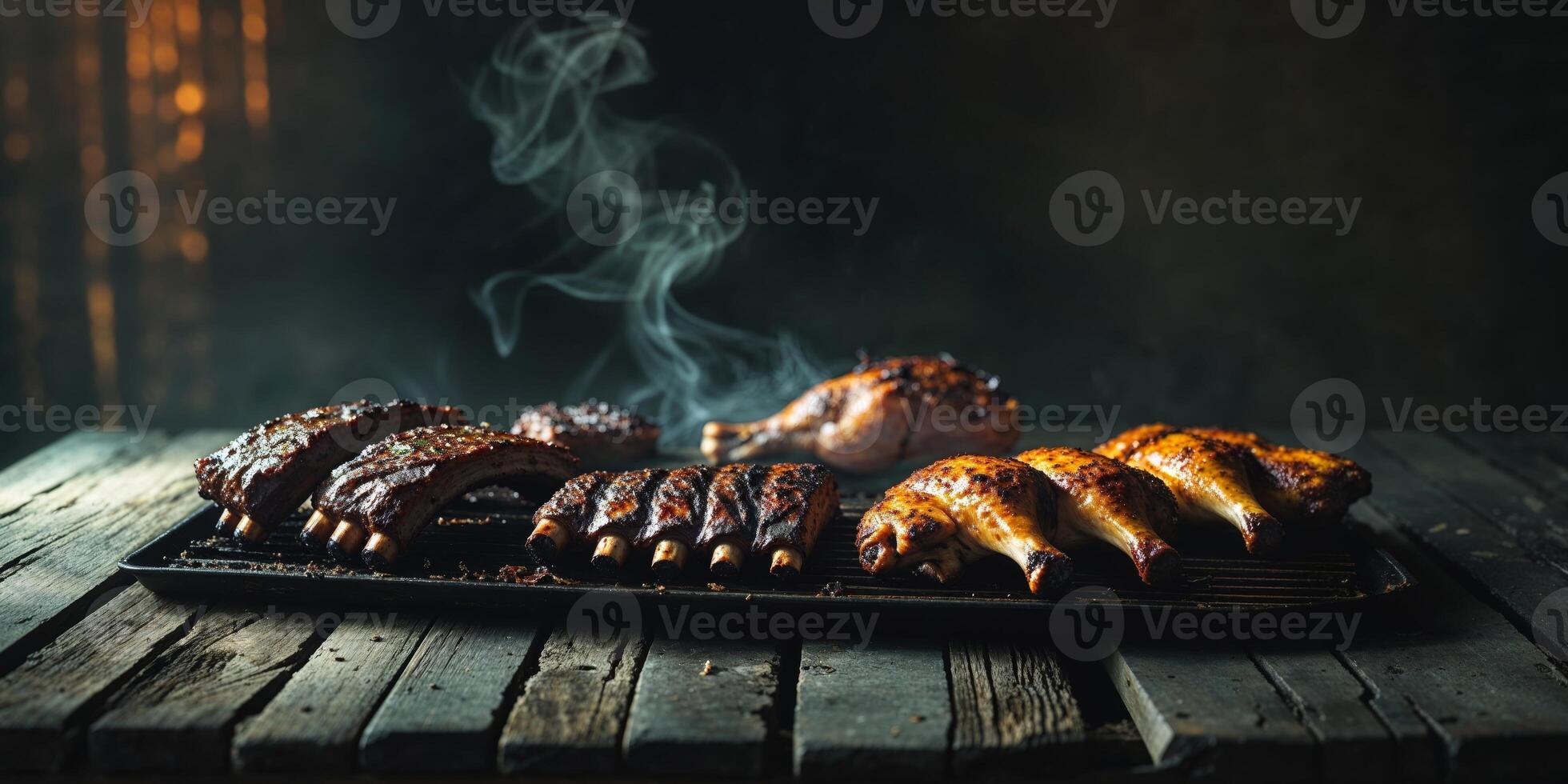Bbq ribs on a wooden table with smoke photo