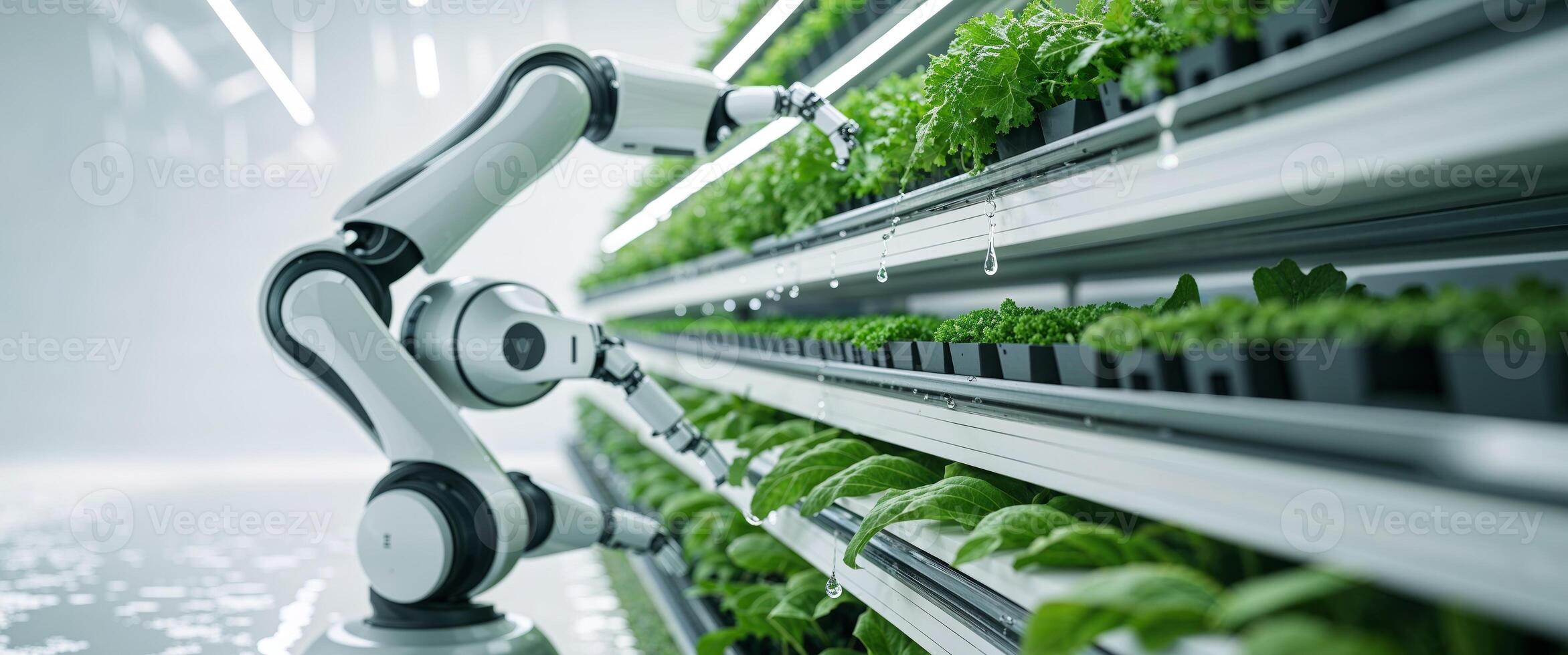 Robot in a greenhouse with plants growing on shelves photo