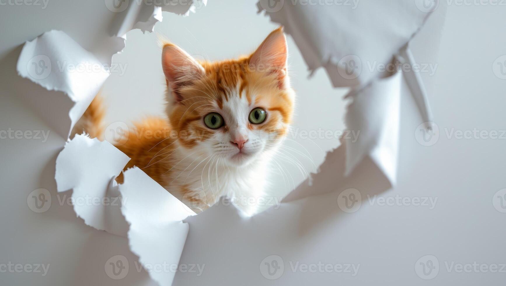 An orange and white cat peeking out from a hole in a white paper photo