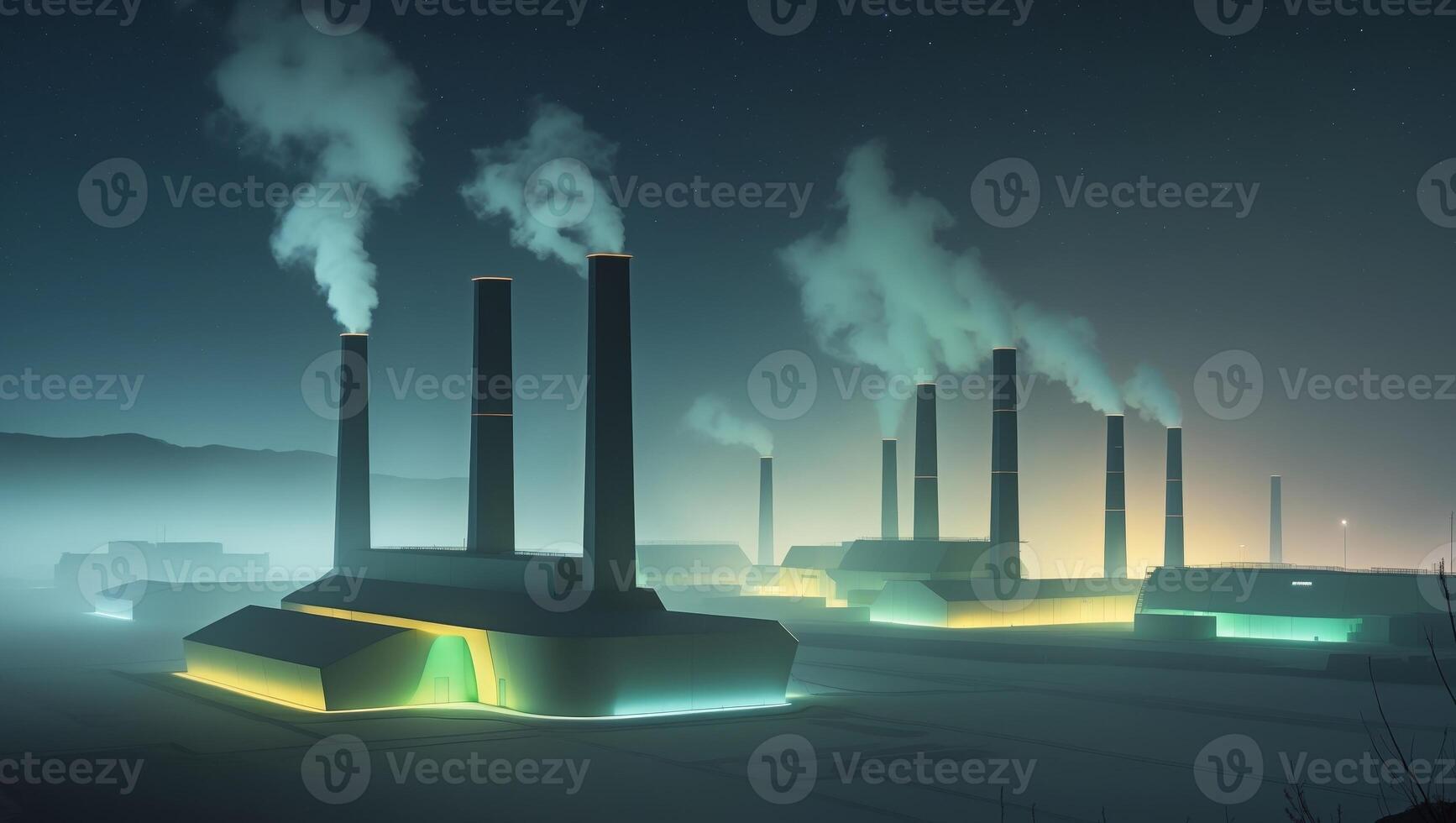 A night time view of a factory with smoke coming out of the chimneys photo