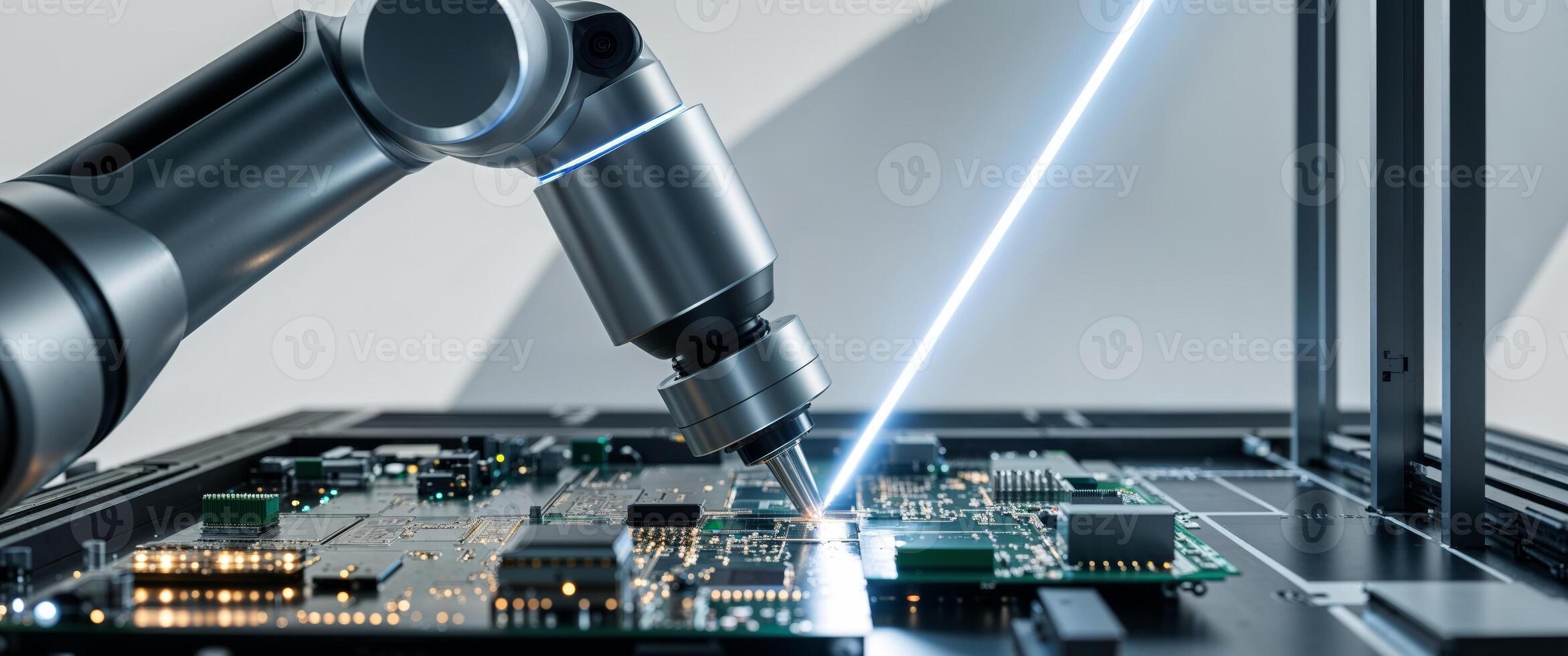 Industrial robot performing precision laser soldering on circuit board photo