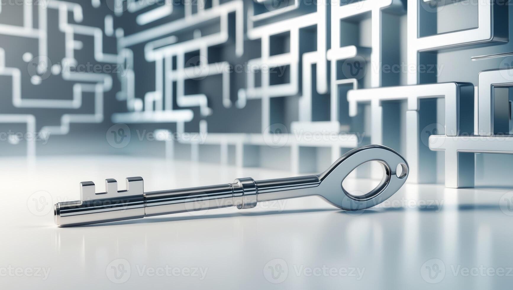 Silver Key on Digital Maze Representing Encryption photo