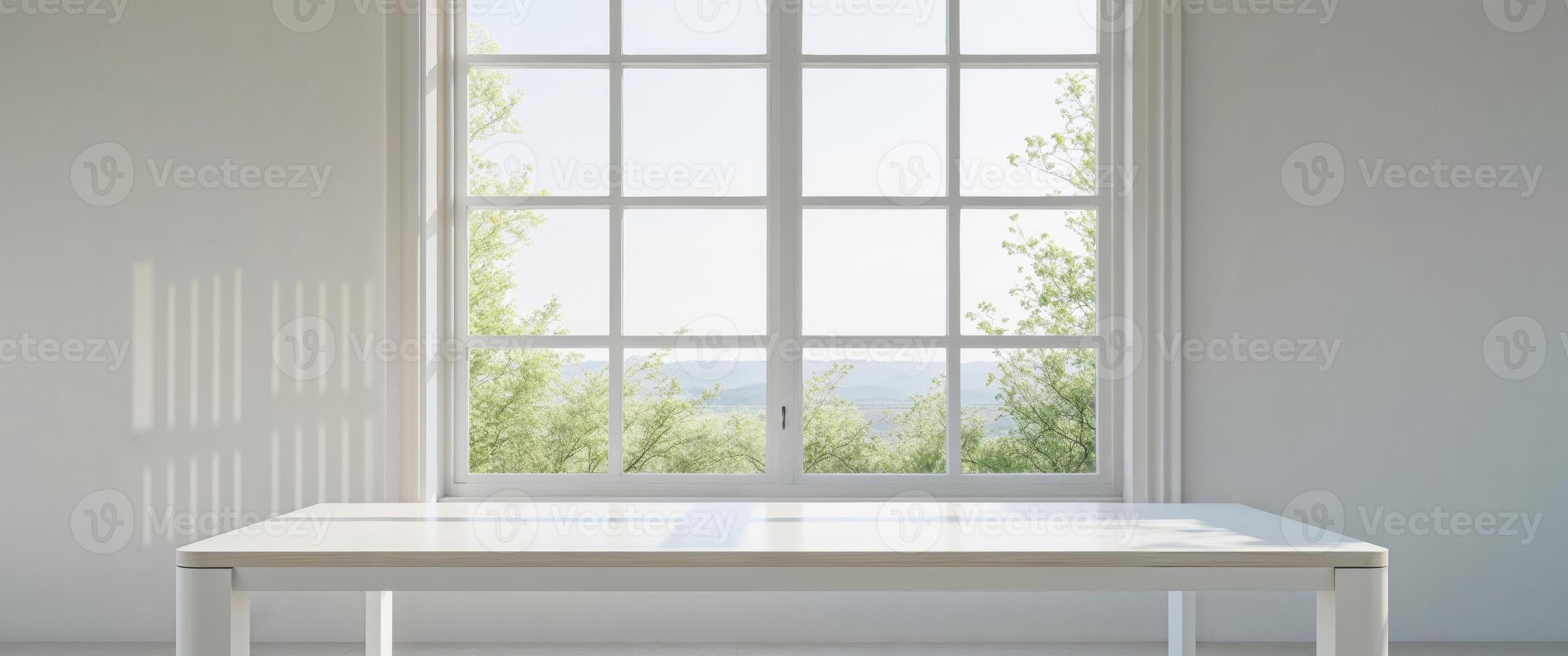 White wood table with large spring window and copy space. photo
