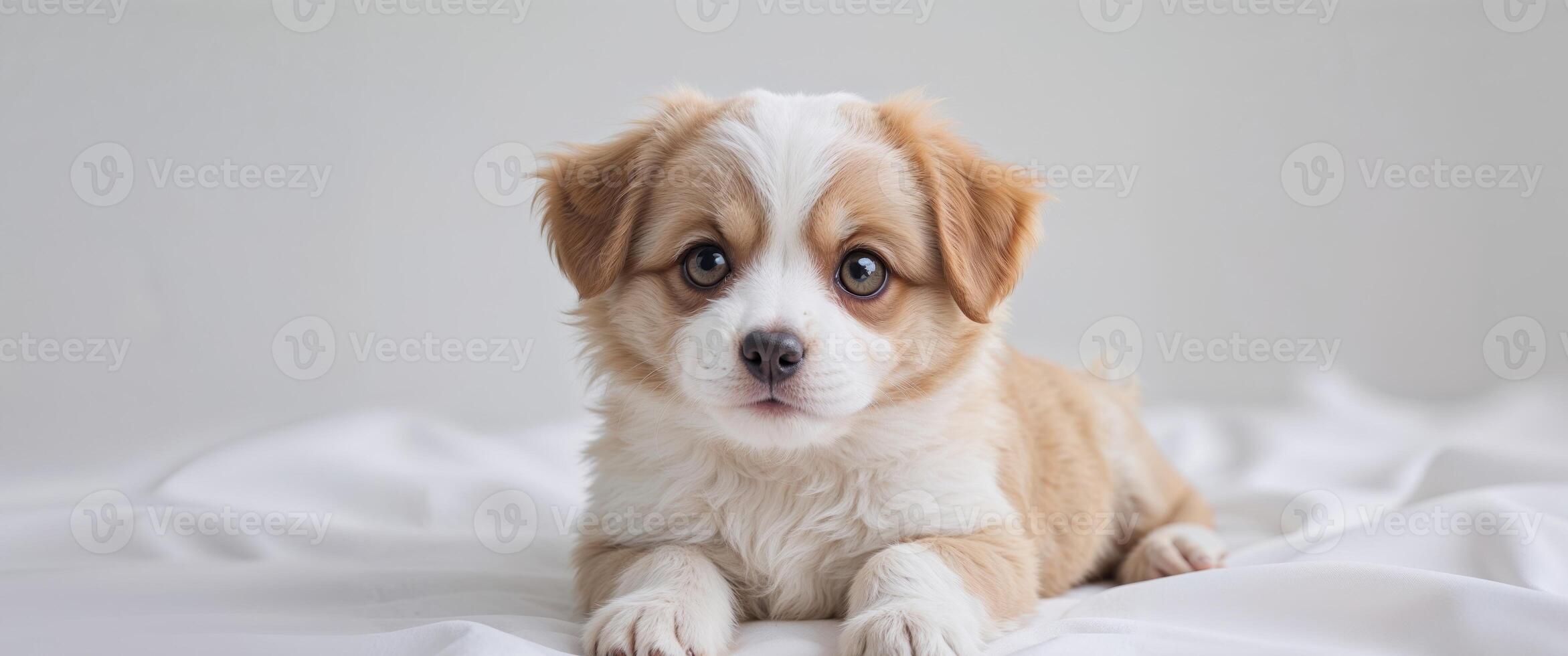 Cute puppy with expressive eyes sitting on a solid background showcasing its charming personality and adorable features. photo