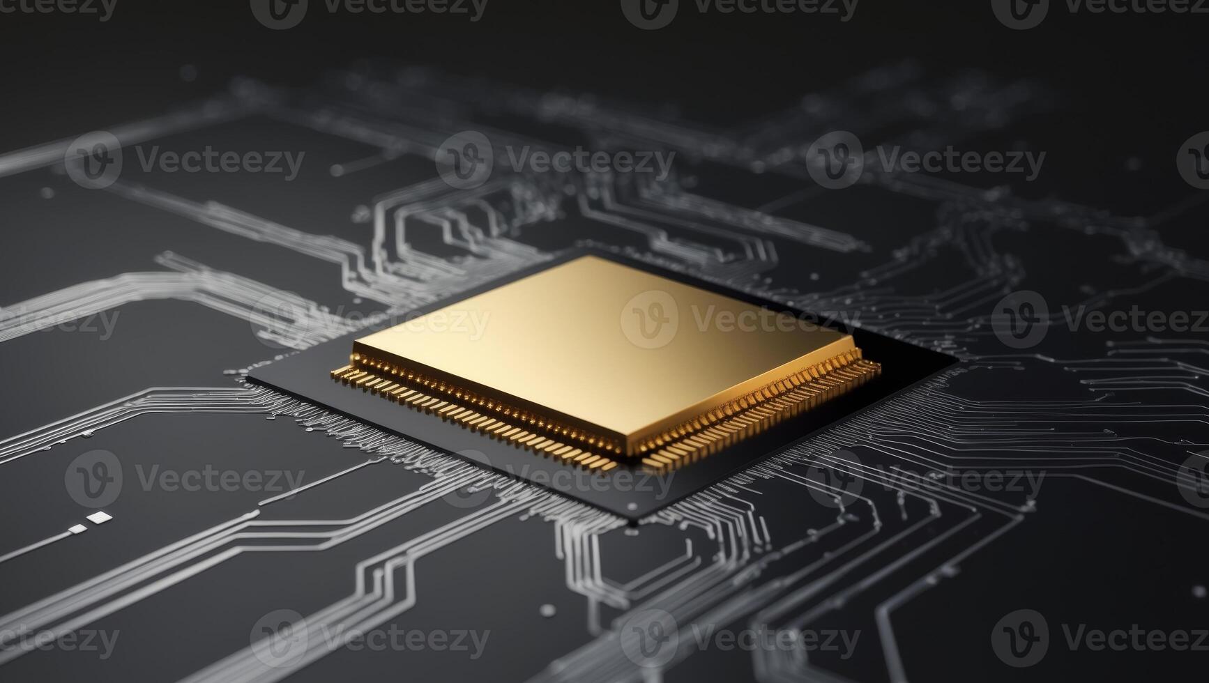 Golden Microchip Surrounded by Circuits on Dark Background photo
