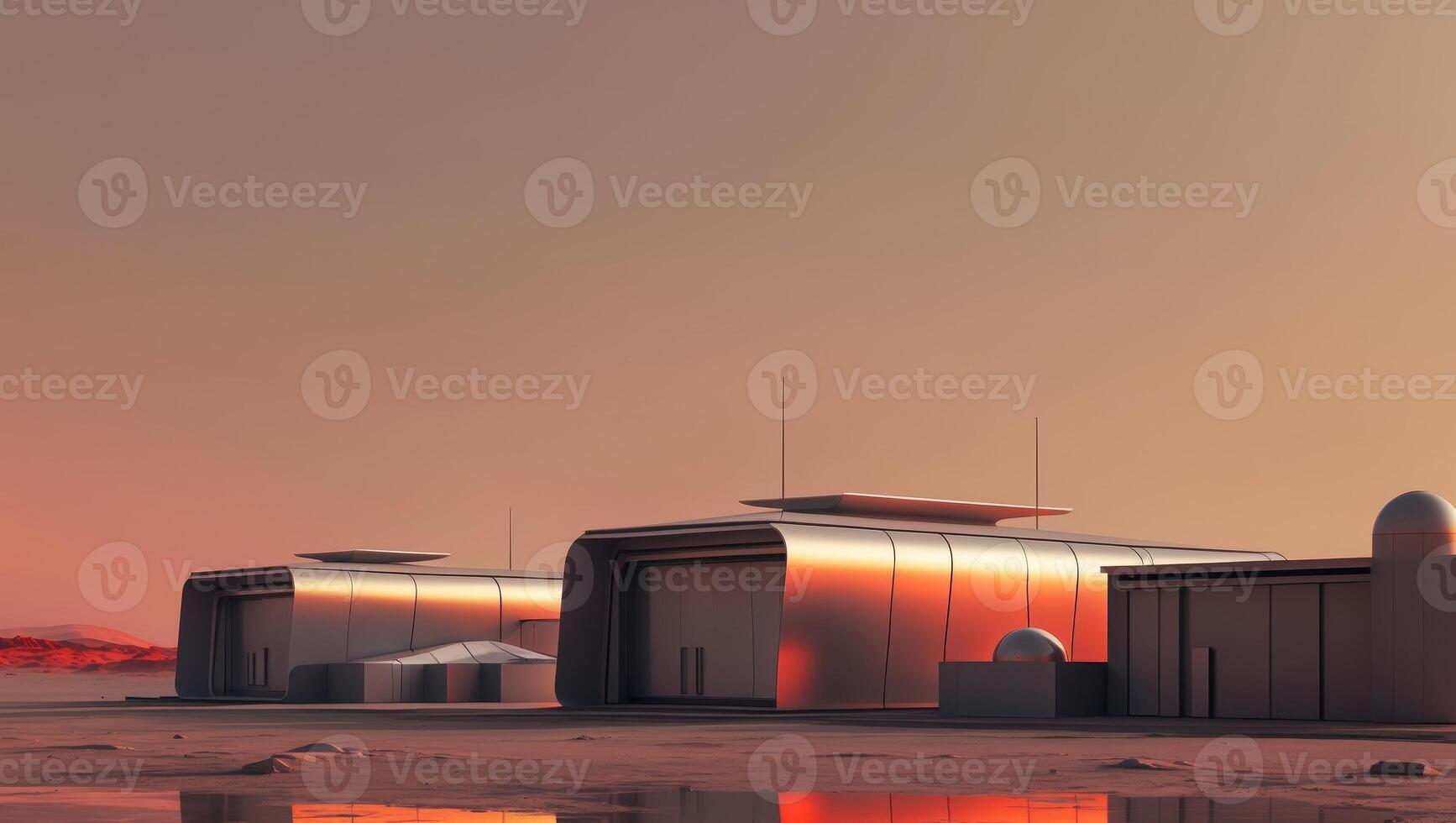 Human settlement with advanced structures on Mars during sunset. photo
