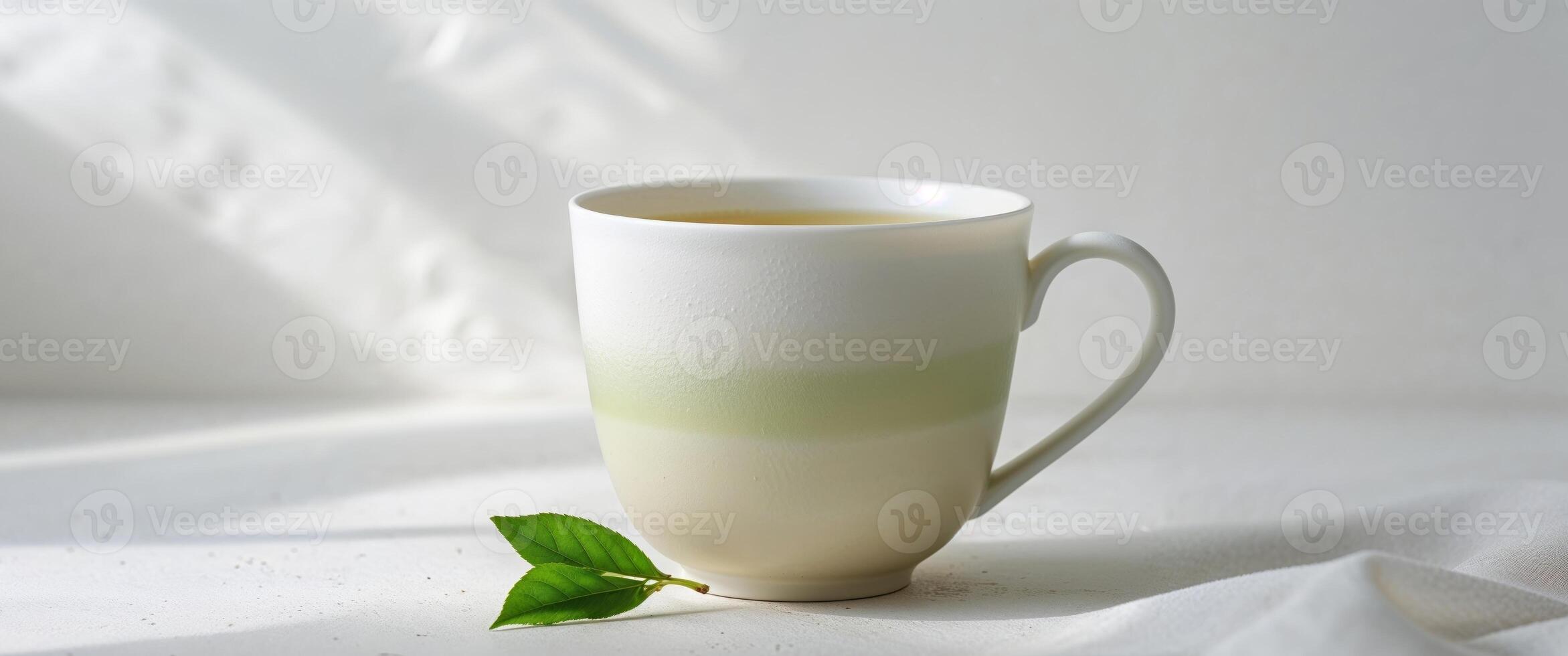 A white cup with green tea and a leaf on the side. photo