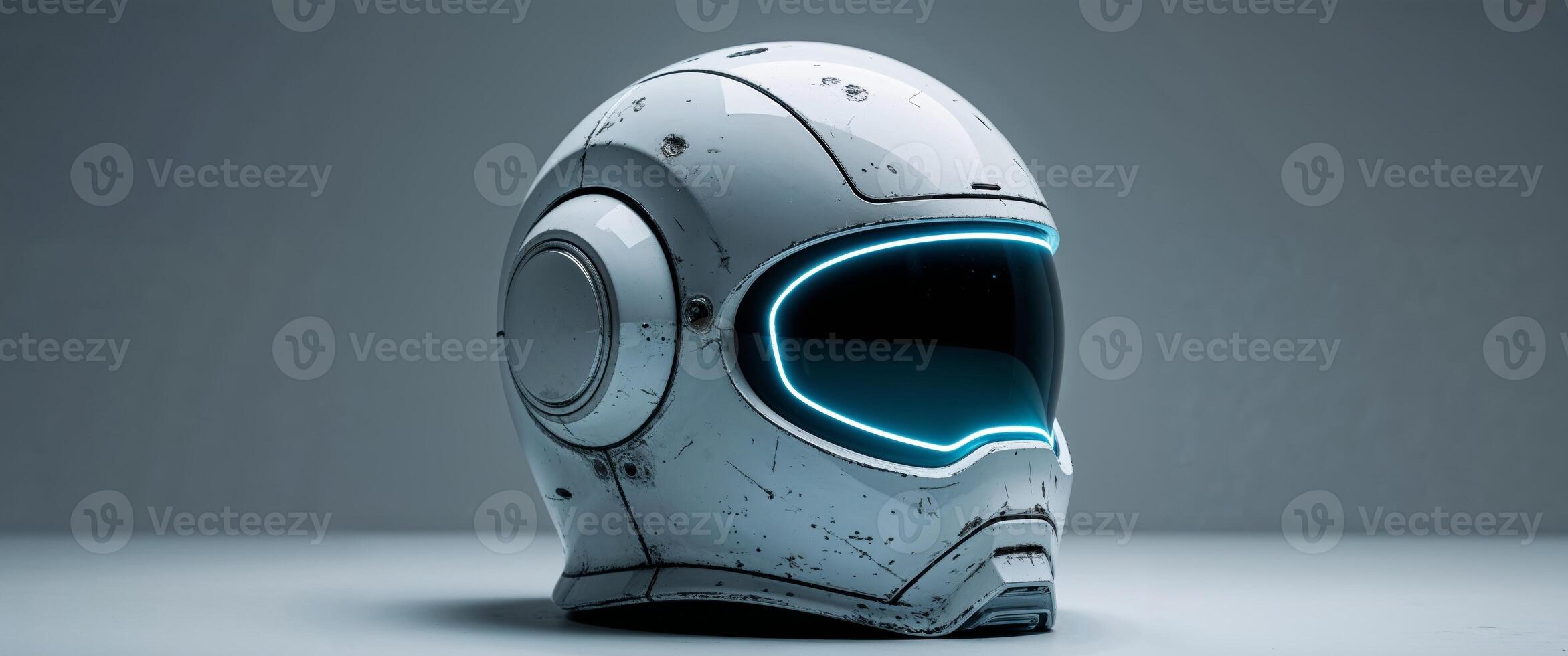Weathered White Futuristic Helmet with Glowing Blue Lights. photo