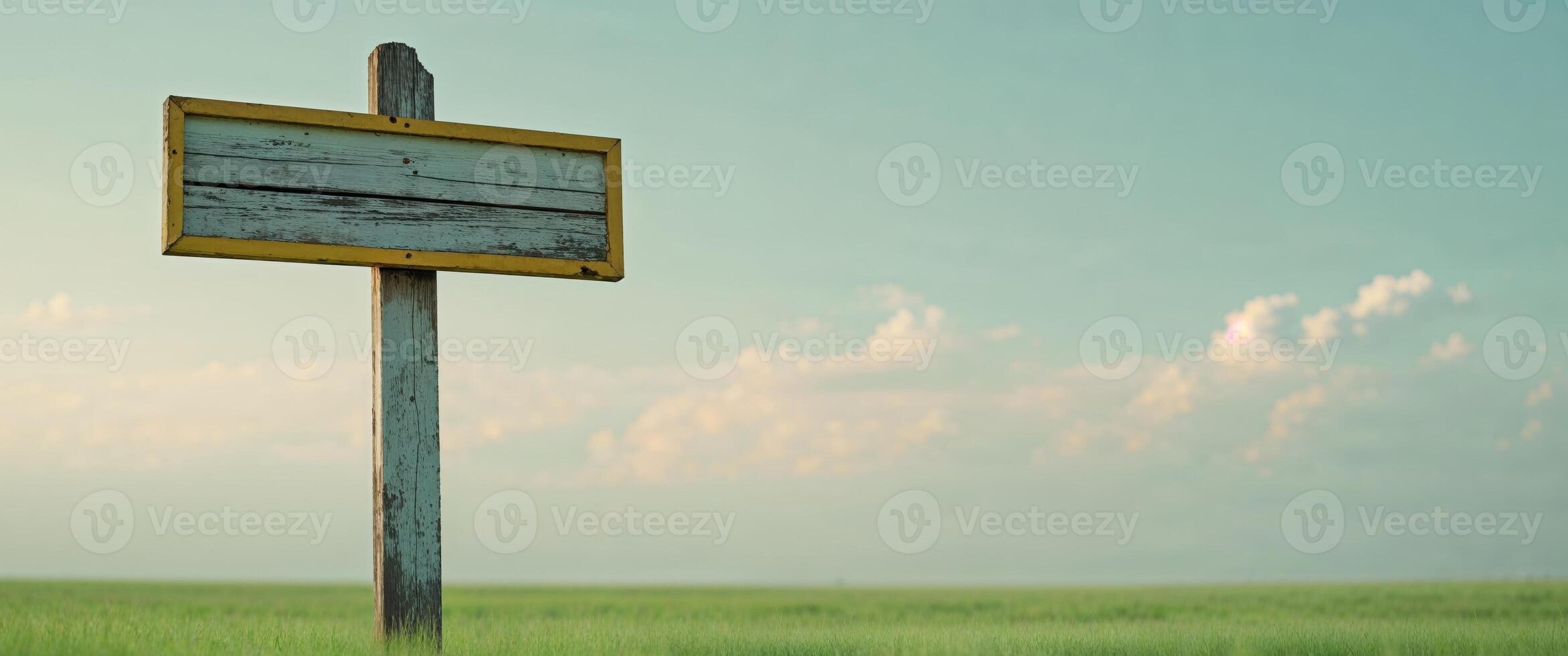 A wooden sign with a yellow border is standing in a field photo