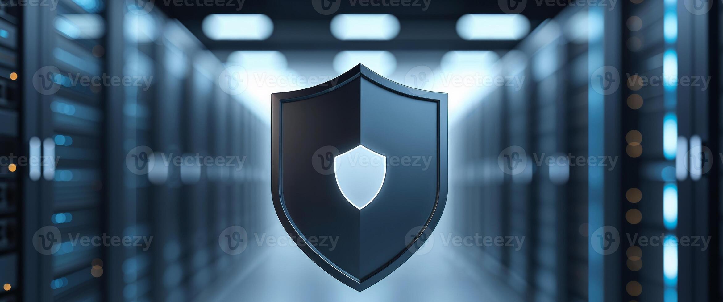 Digital Security Shield Symbol on Server Background with Bright Lights. photo
