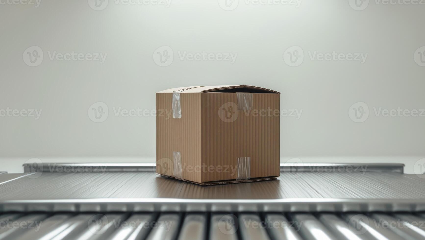 A cardboard box sitting on top of a conveyor belt photo