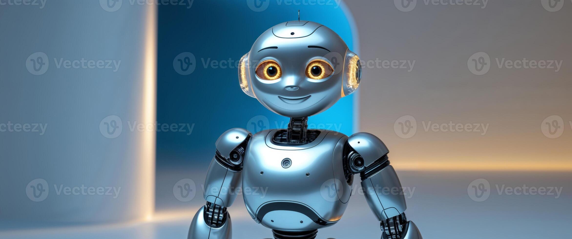 A robot standing in front of a blue wall photo