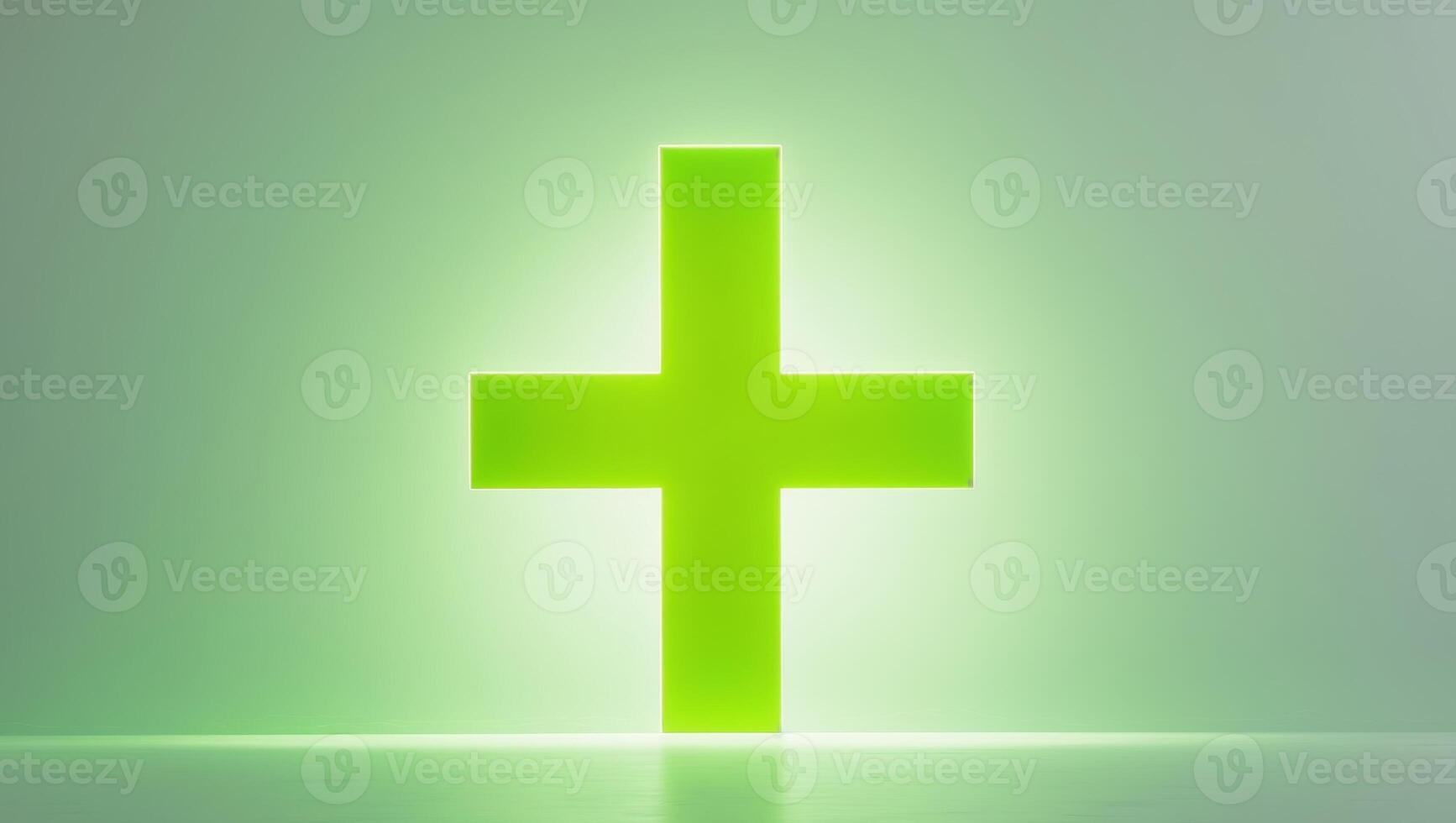 A green cross is lit up in a room photo