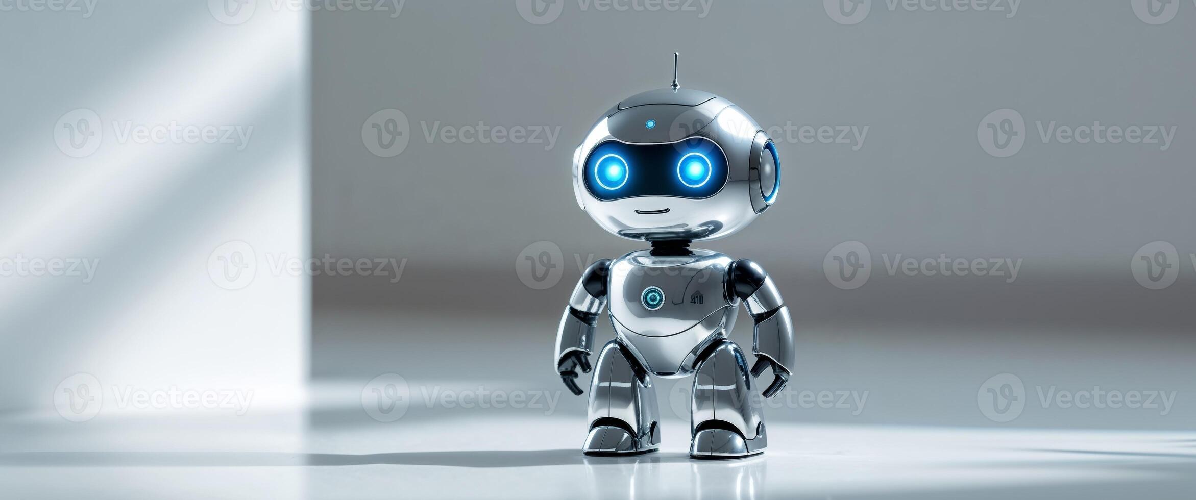 A robot standing in front of a white wall photo