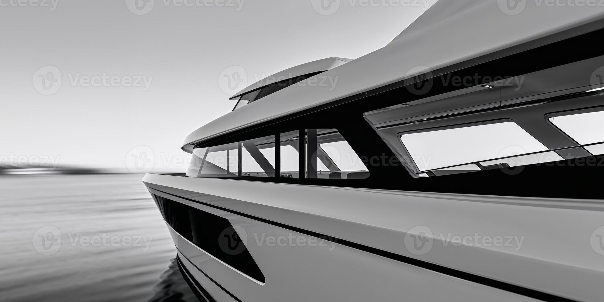 Modern boat design showcasing sleek lines and large windows cut out. photo