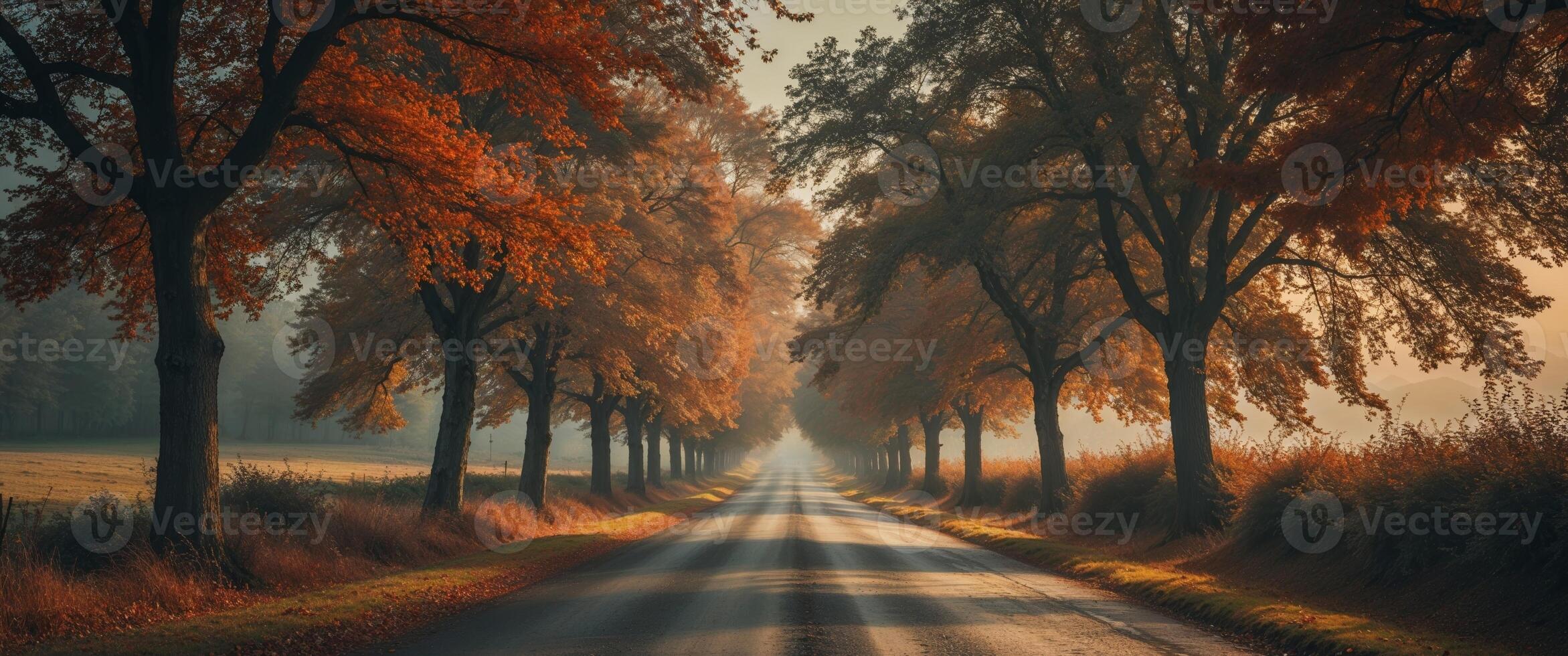 Countryside Road in Late Autumn with Trees and Shadows Creating a Vintage Atmosphere and Space for Text Overlay. photo