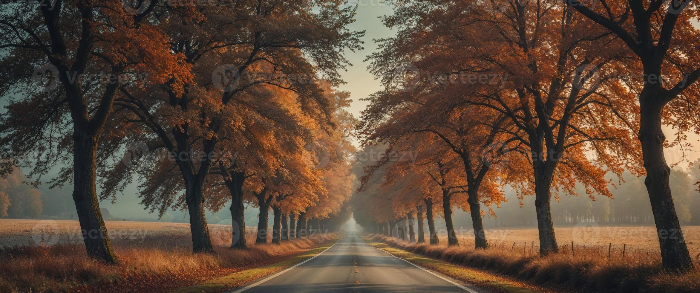 Countryside Road in Late Autumn with Trees and Shadows Creating a Vintage Atmosphere and Space for Text Overlay photo