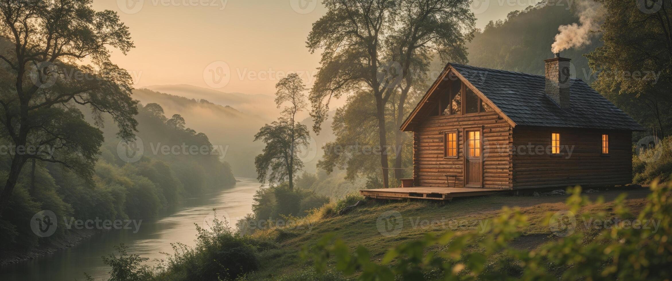 Wooden Cabin Overlooking a River Valley at Sunrise. photo