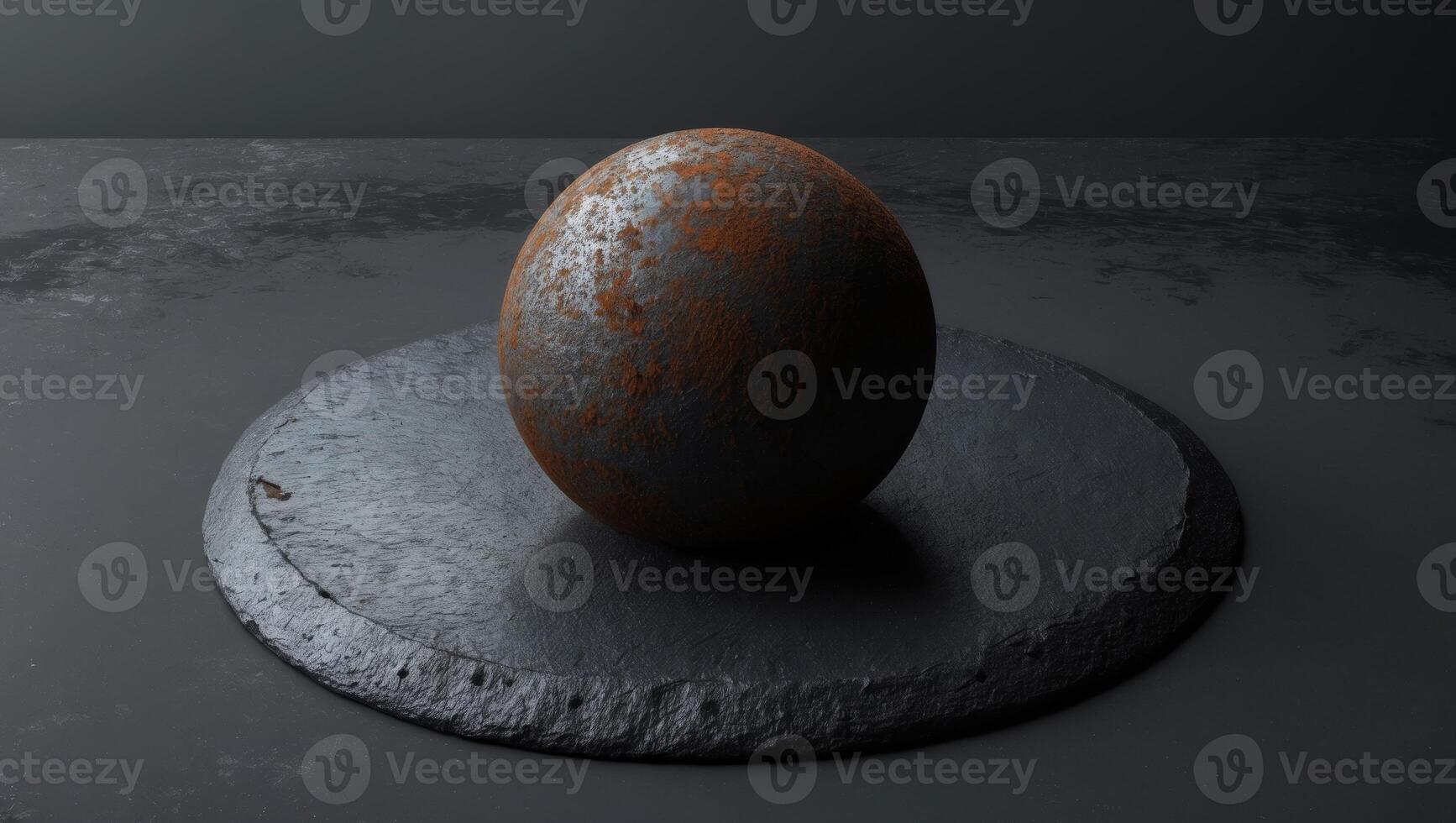 The image shows a rusted metal ball sitting on top of a black surface photo