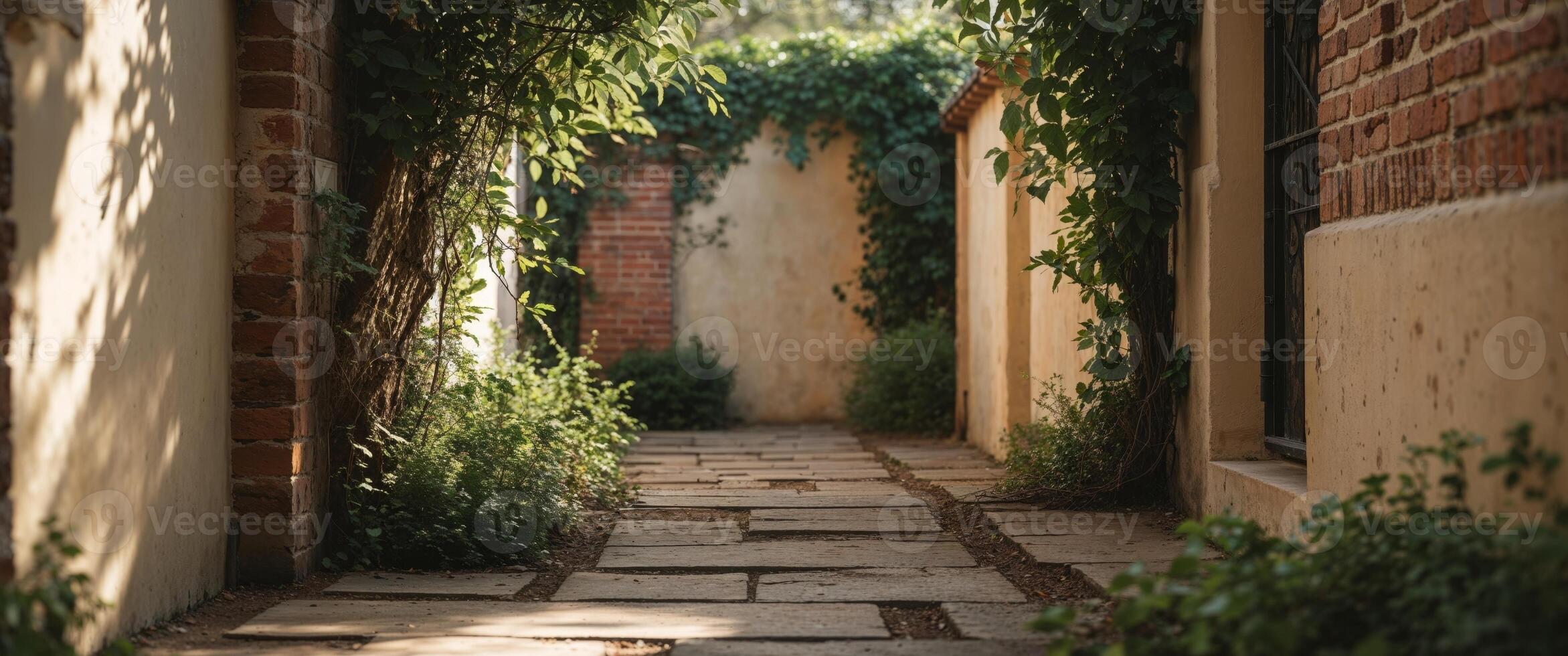 A narrow alleyway with stone walls and plants photo