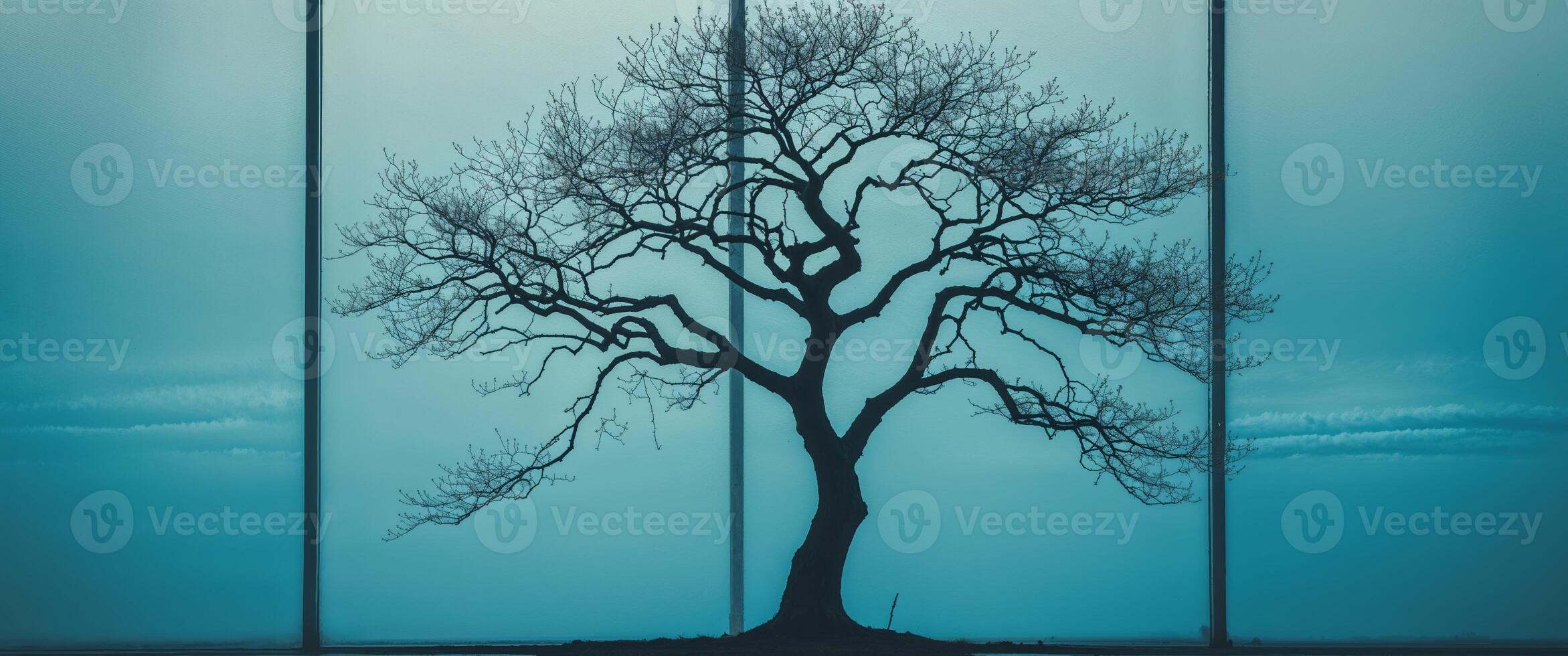 A tree is shown in front of a window photo