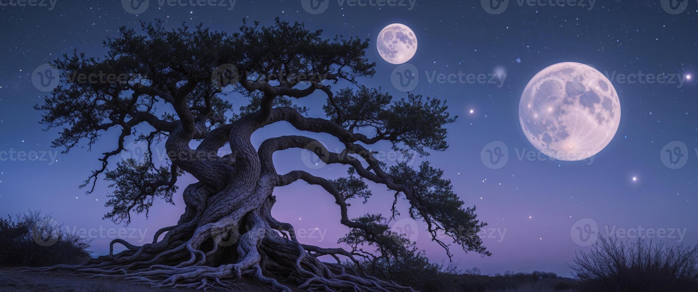 A tree with roots and moon in the sky photo