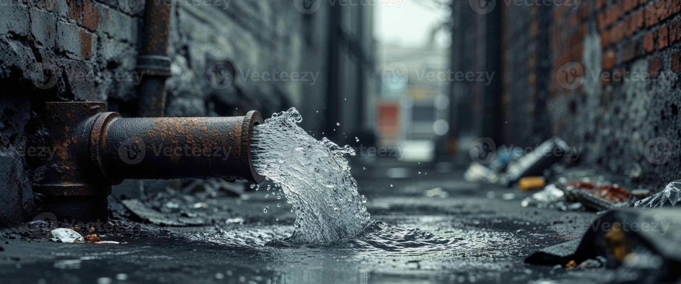 Water pouring out of a pipe in a city alley photo