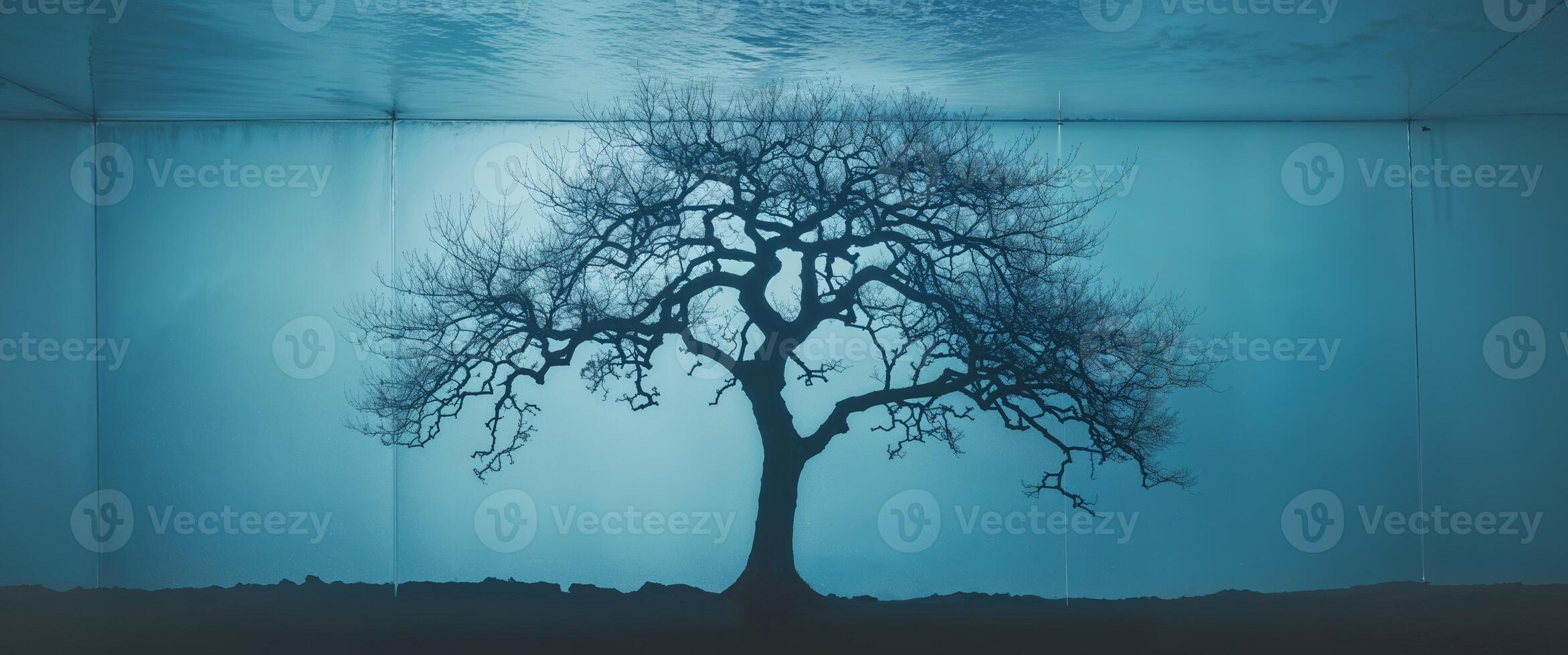 A tree is shown in a blue room photo