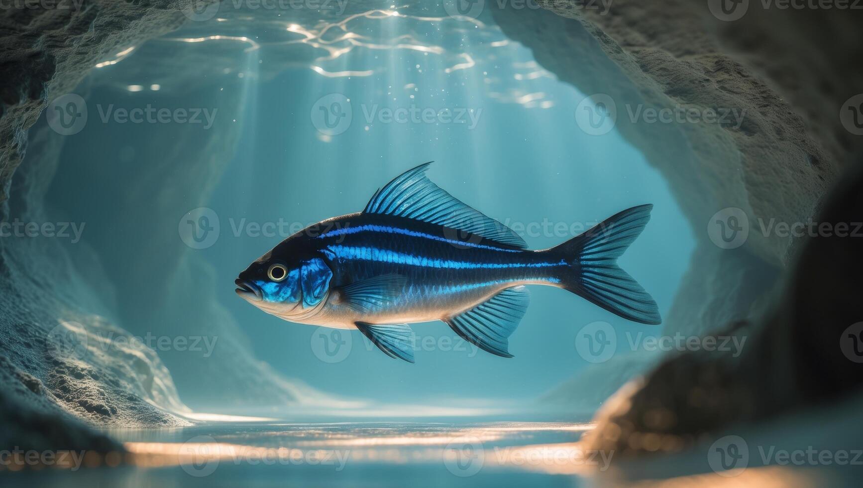 A blue fish is standing in front of a cave photo