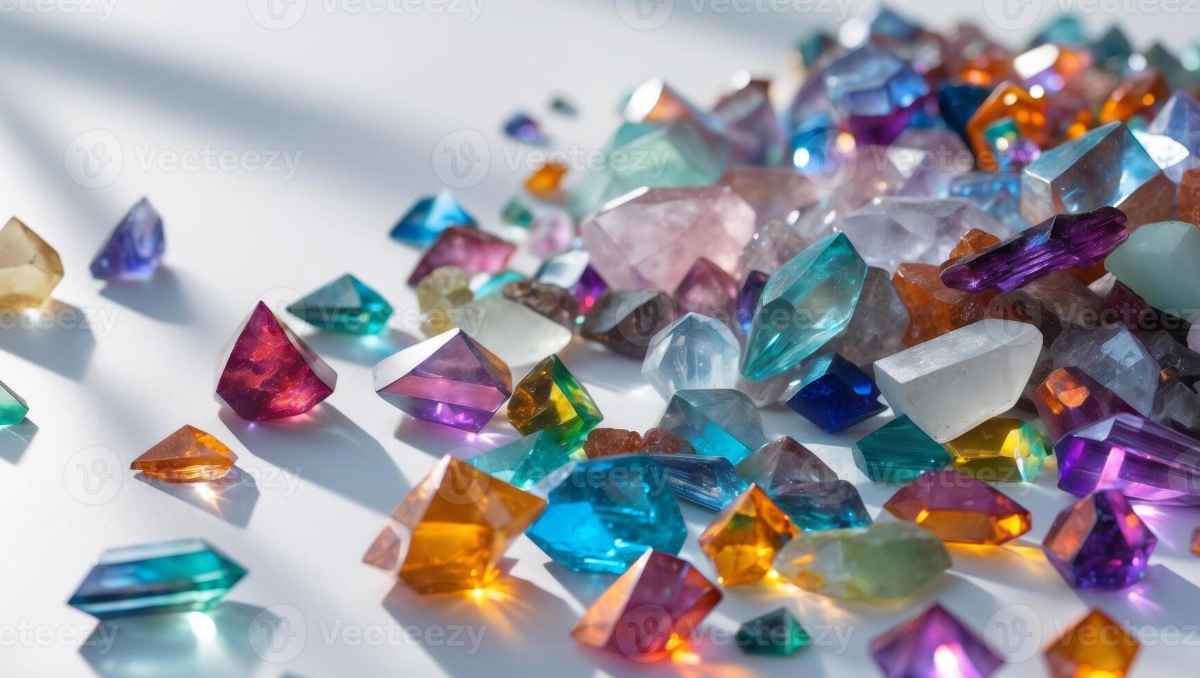 A pile of colorful gemstones on a white surface photo