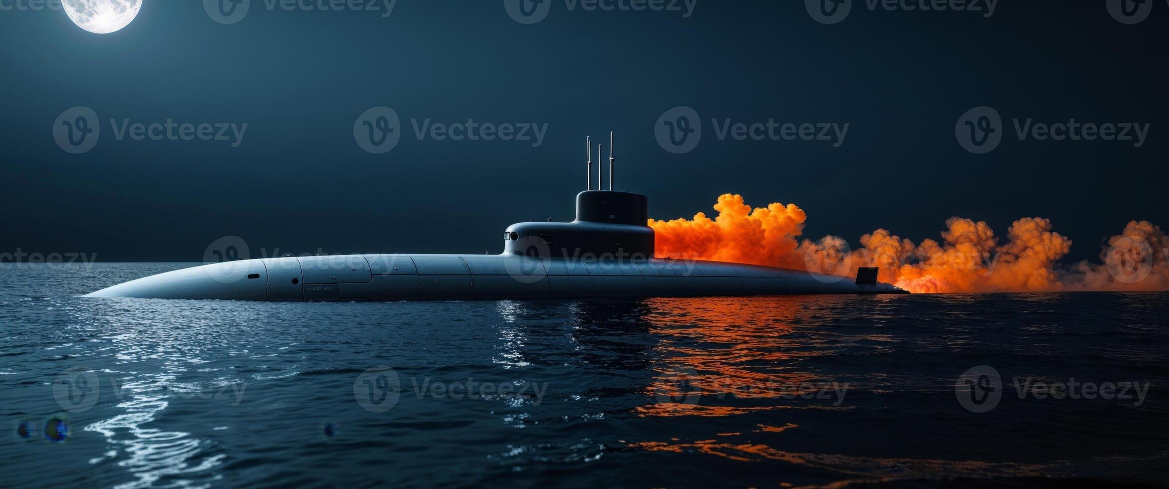 A submarine with smoke coming out of it at night photo