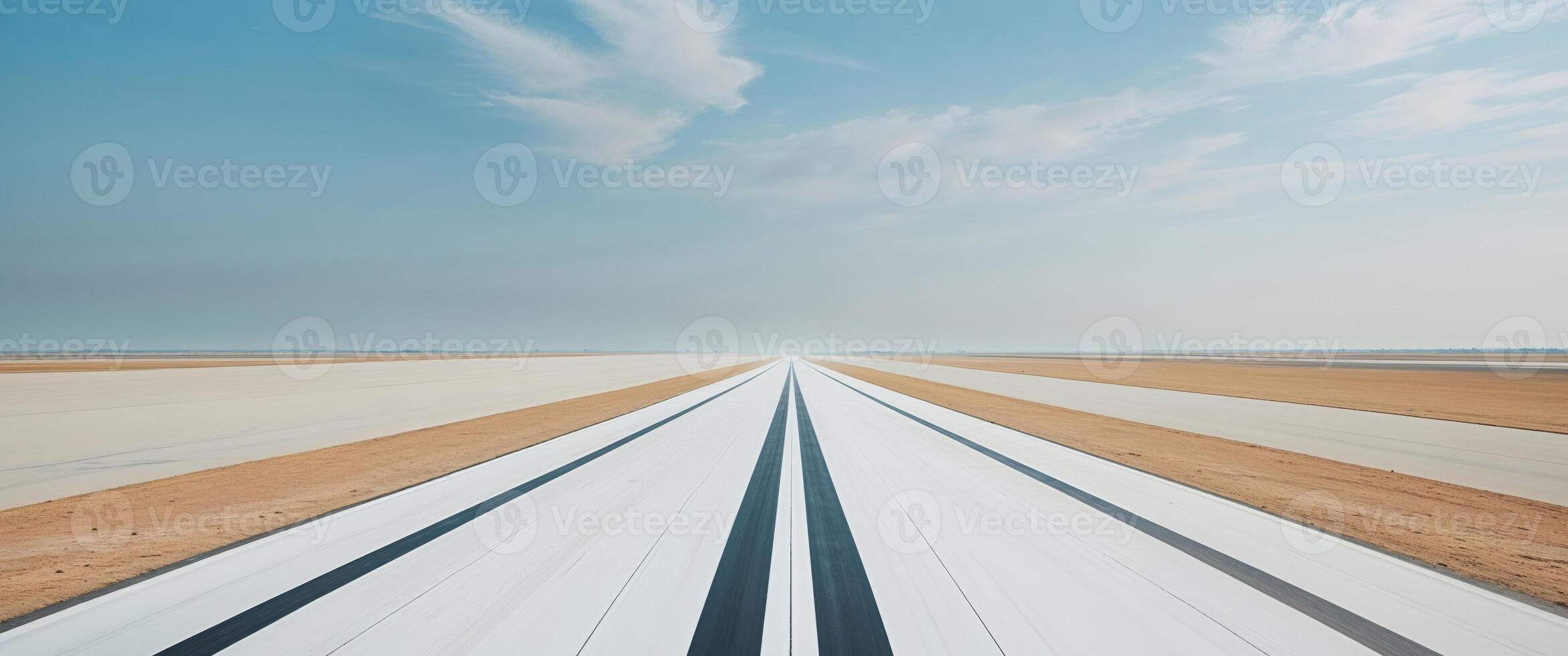 An empty runway with a blue sky in the background photo