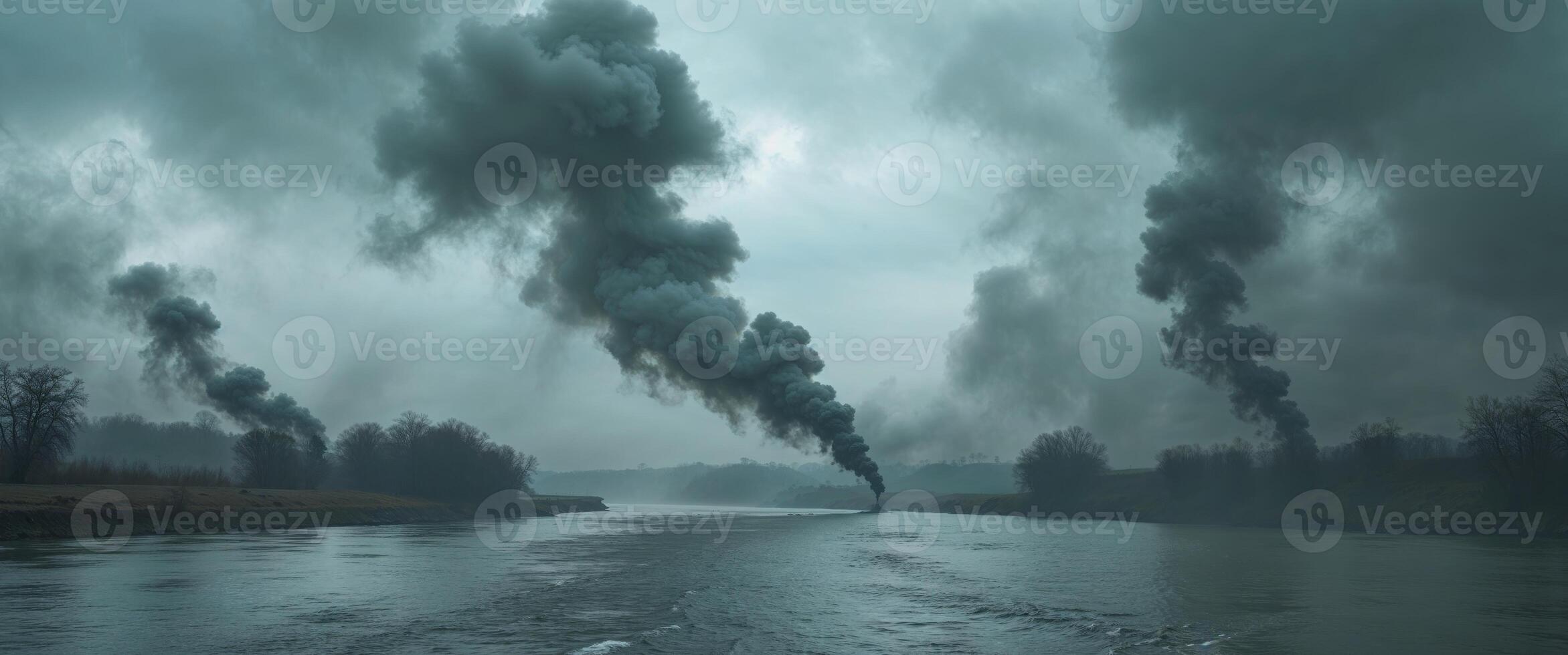 A river with smoke coming out of it under a cloudy sky photo