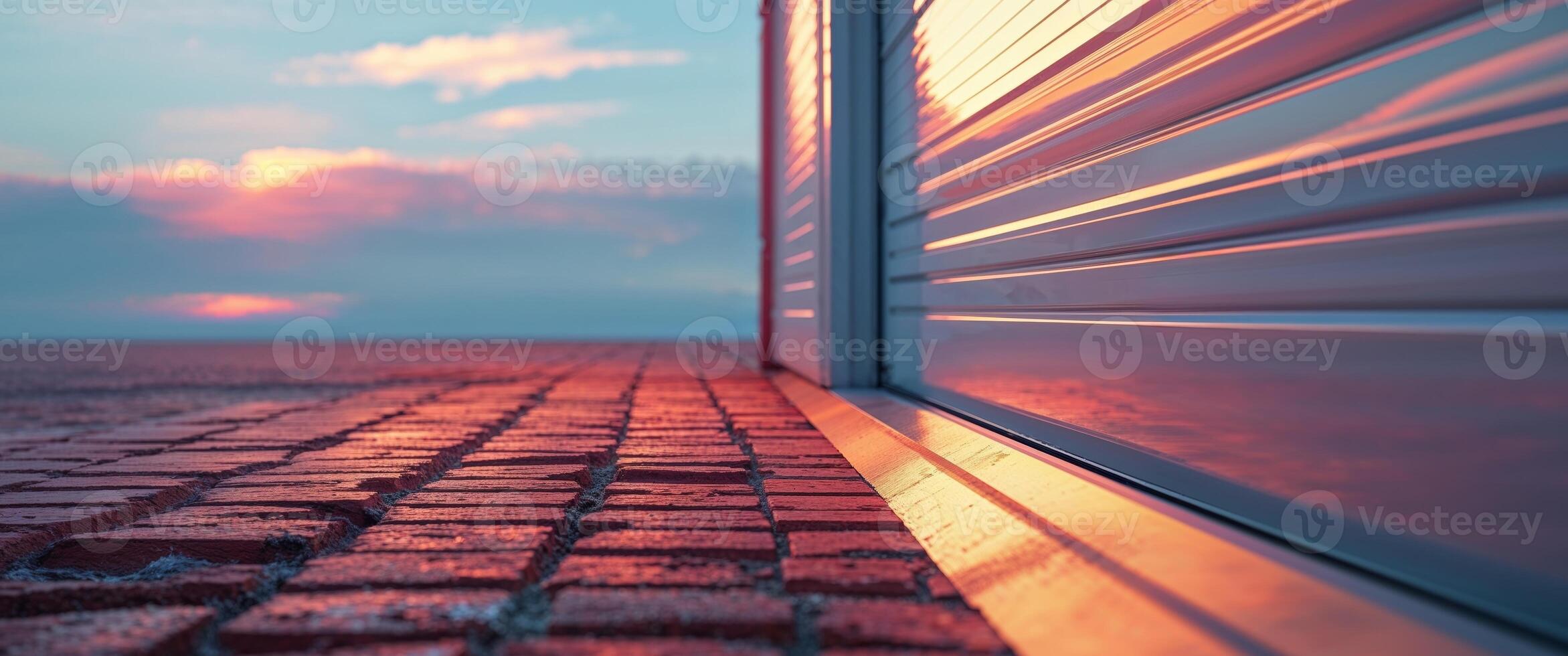 A brick road with a garage door and a sunset photo