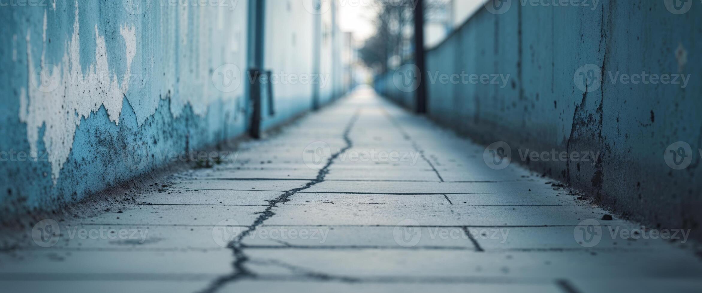 A long narrow alleyway with a blue wall photo