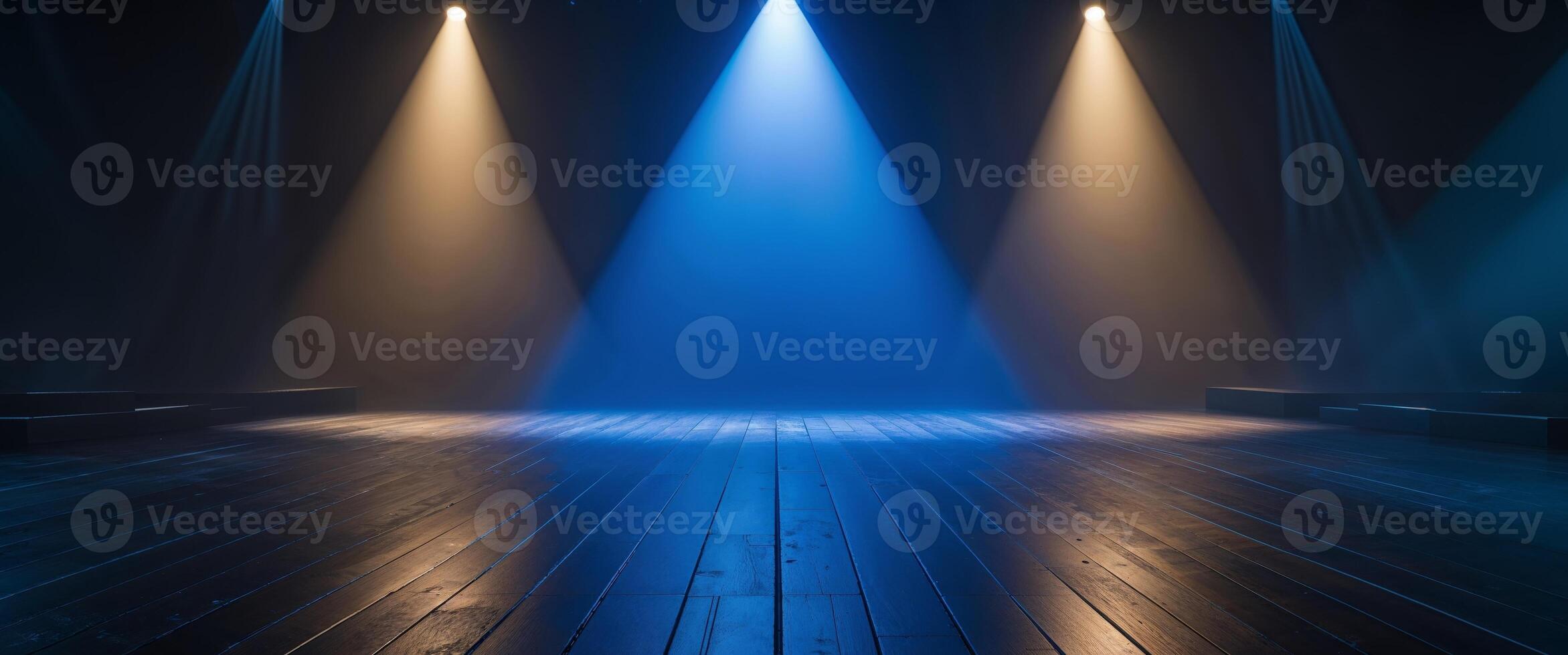 Stage with blue lights and wooden floor photo