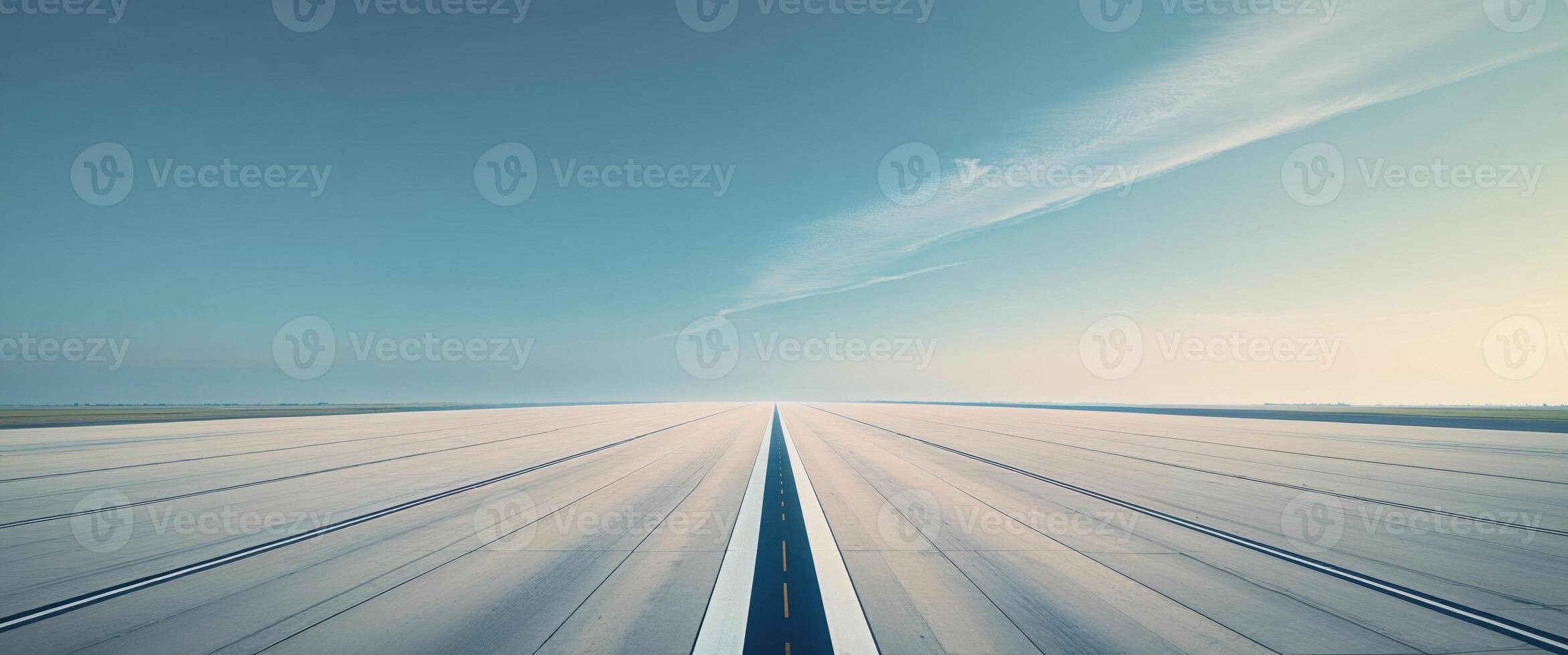 An empty runway with a blue sky in the background photo