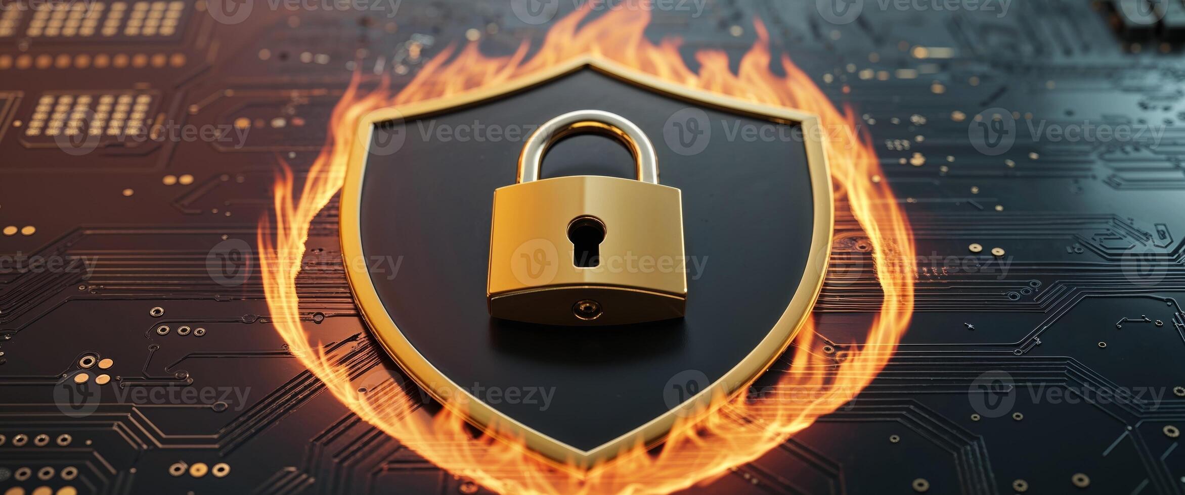 A golden padlock on top of a circuit board with flames photo