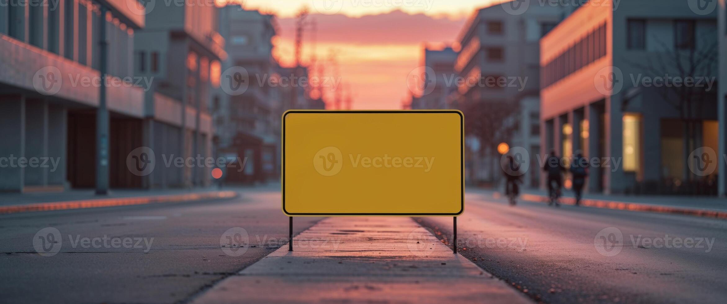 Yellow blank sign on a quiet urban street during sunset. photo