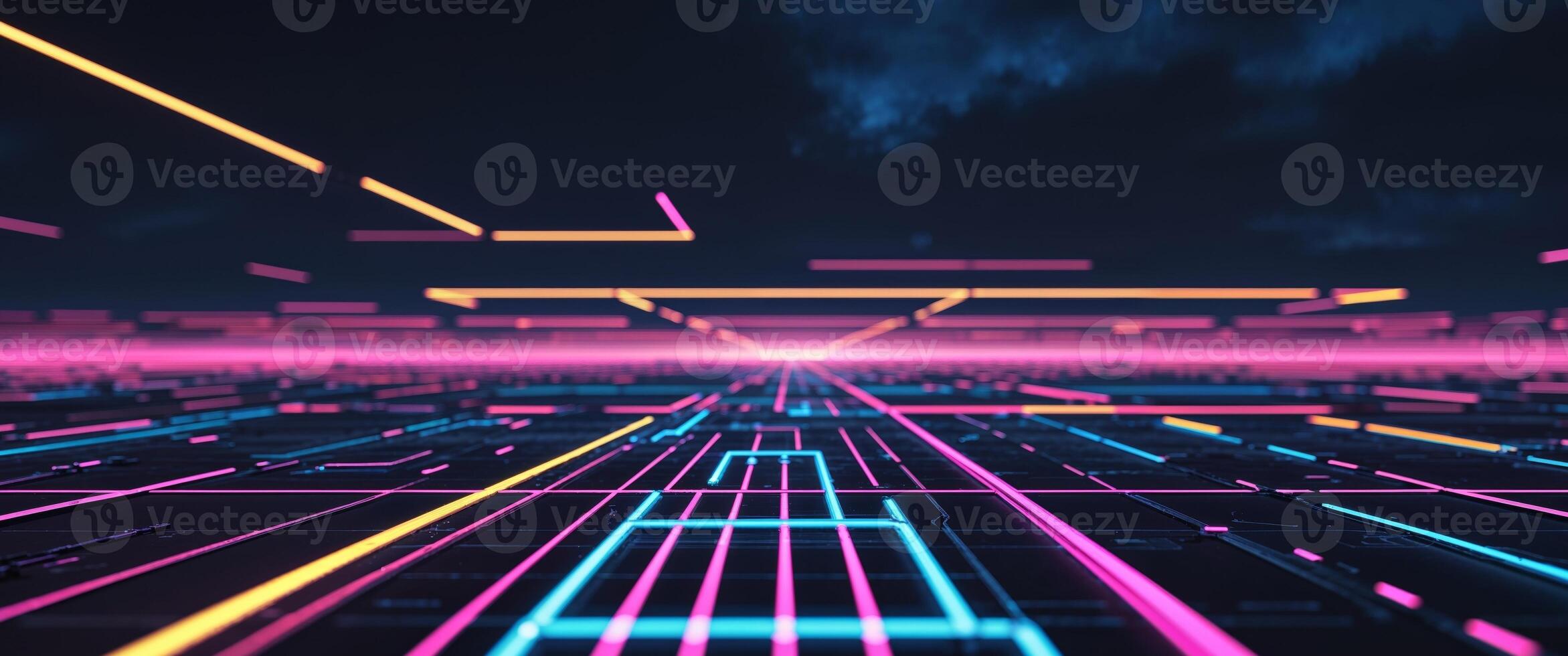 Retro futuristic neon grid landscape at night photo