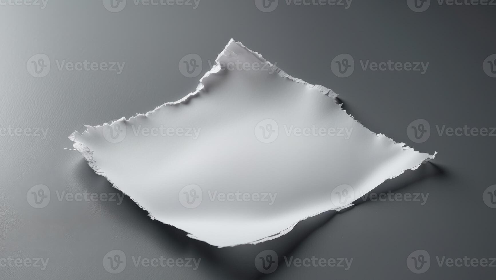 A piece of torn white paper displays rugged edges on a smooth surface with gentle lighting. photo